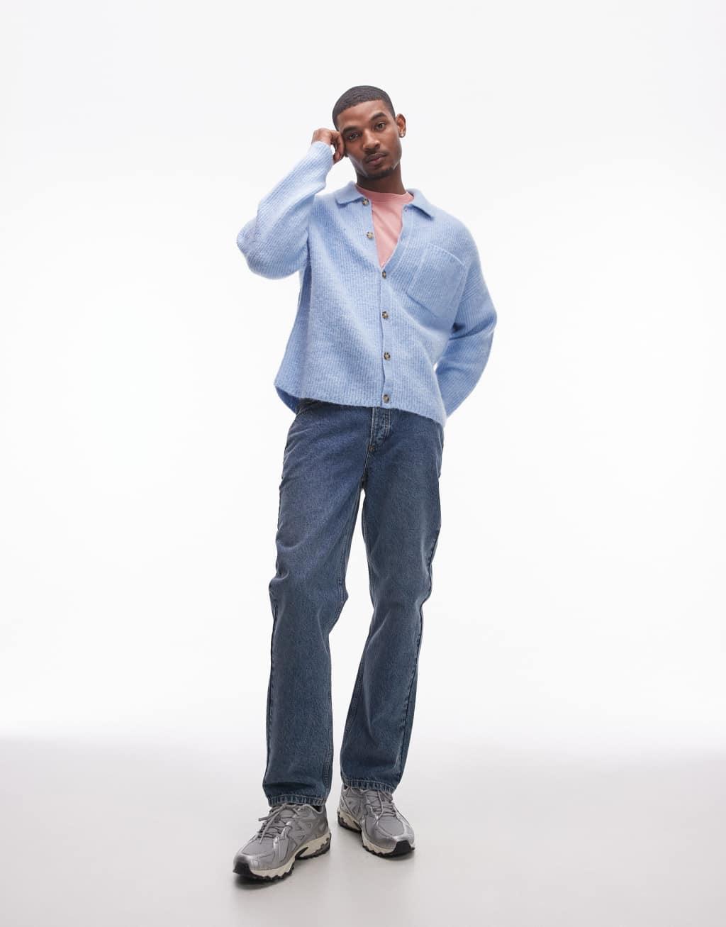 Topman relaxed fit brushed collared cardigan in light blue Product Image