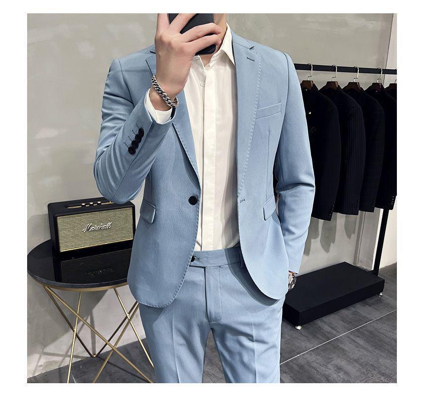 Set: Plain One-Buttoned Blazer + Tapered Dress Pants Product Image