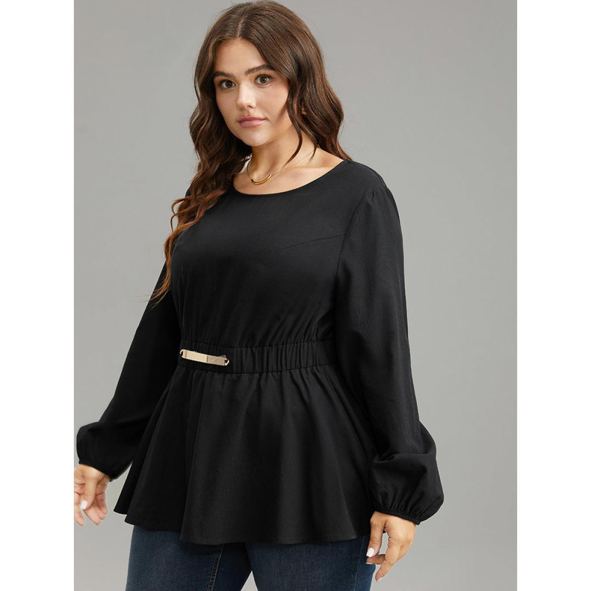 Plus Size Black Cotton Solid Metal Detail Lantern Sleeve Blouse Women Office Long Sleeve Round Neck Work Blouses BloomChic 30/6X Product Image