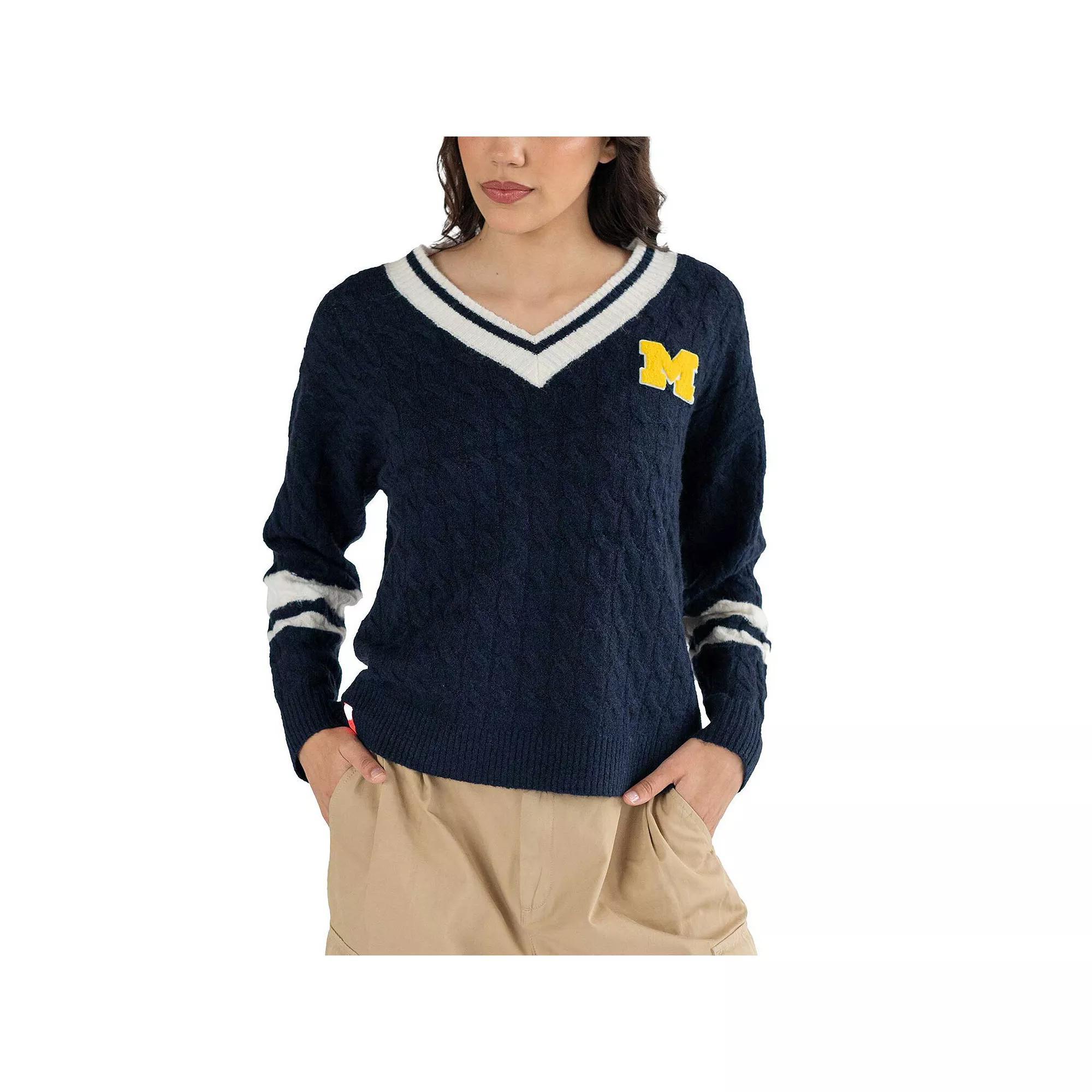 Women's Lusso Navy Michigan Wolverines Stella Cable Knit V-Neck Pullover Sweater, Size: Medium, Blue Product Image