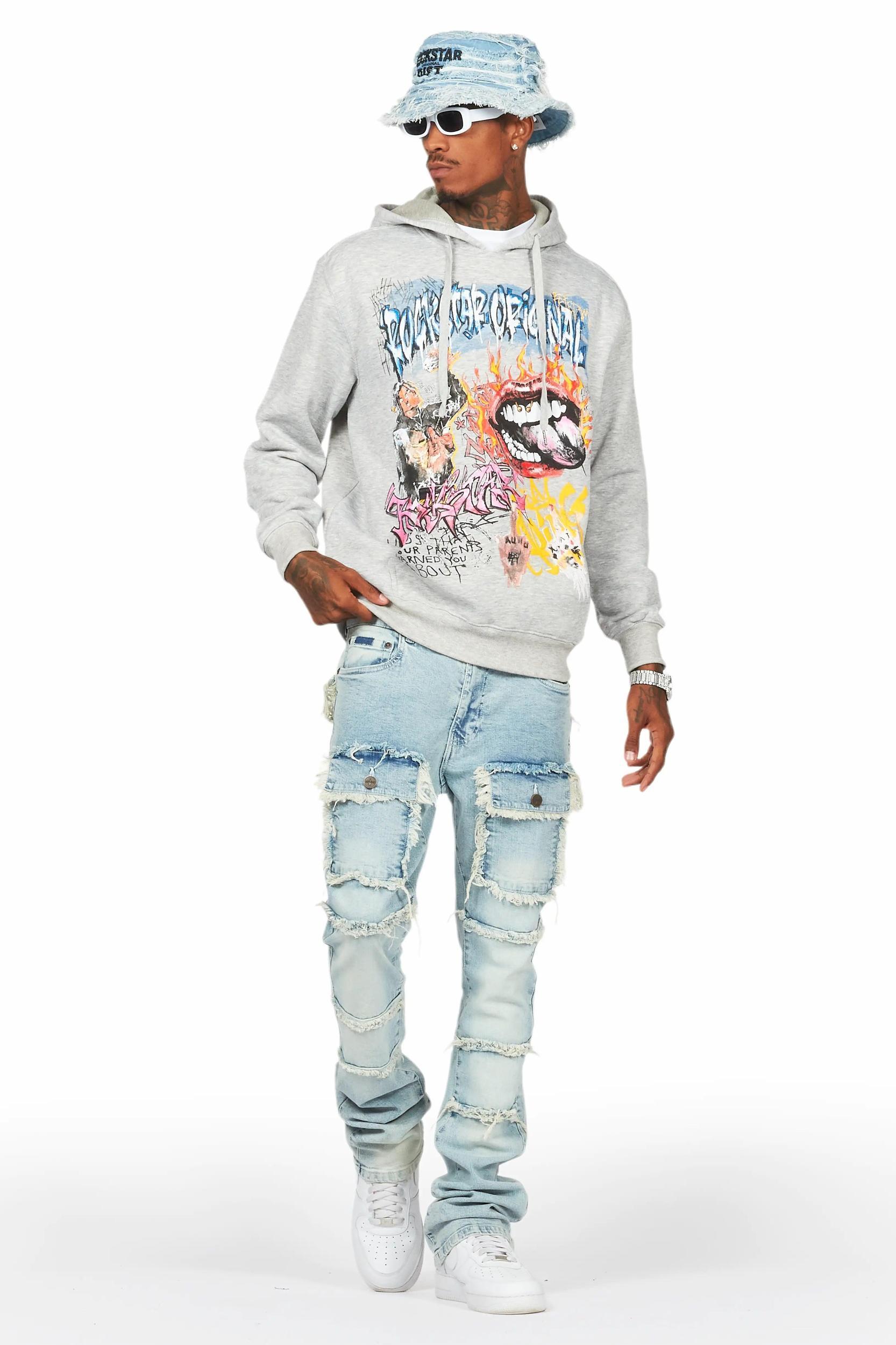 Yooz Heather Grey Hoodie/Stacked Flare Cargo Jean Bundle Male Product Image