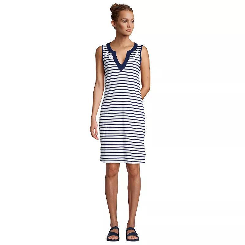 Women's Lands' End Splitneck Swim Cover-Up Dress, Size: XS, White Navy Stripe Product Image