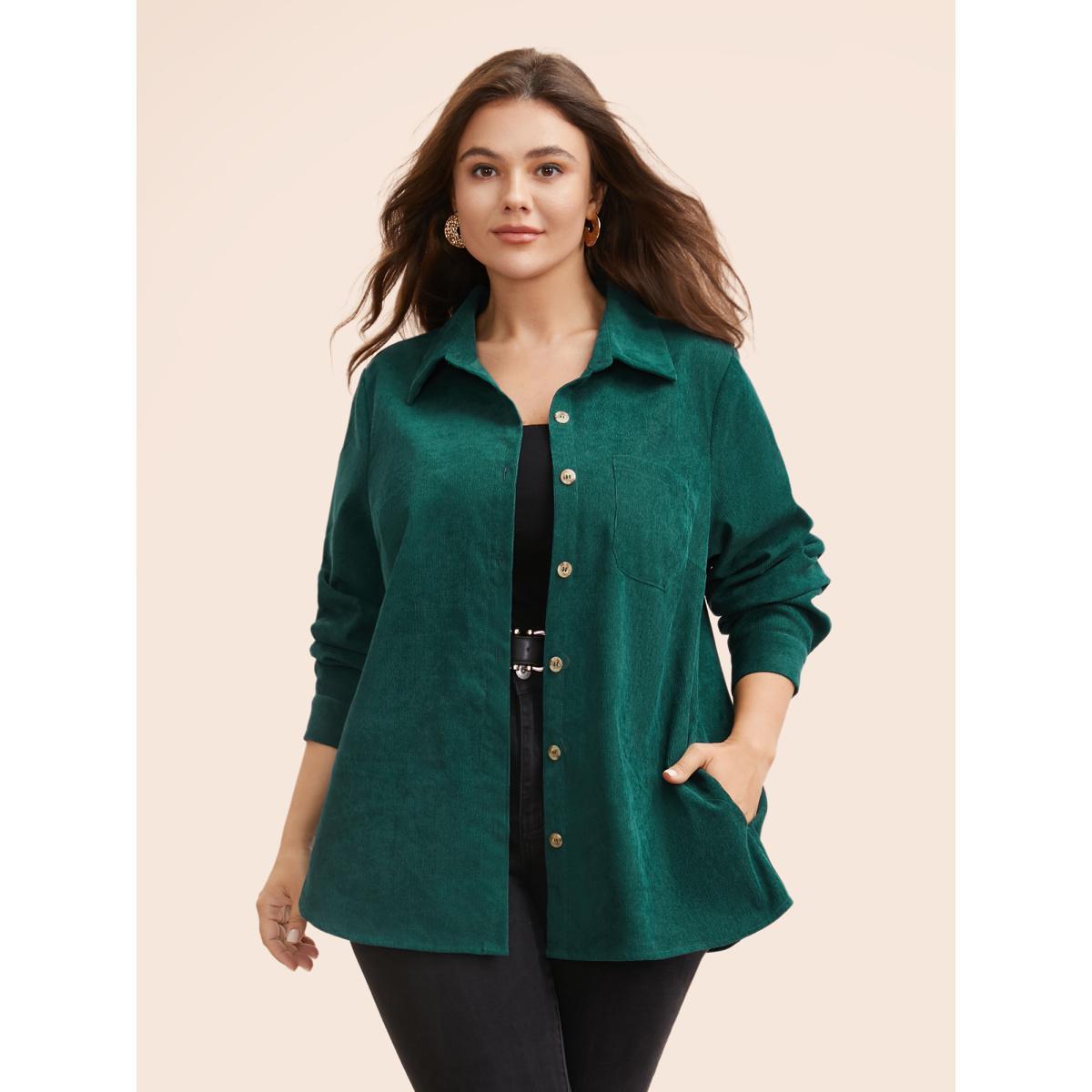 Plus Size Textured Pocket Curved Hem Jacket Women DarkGreen Button Side seam pocket Everyday Jackets BloomChic 22-24/3X Product Image