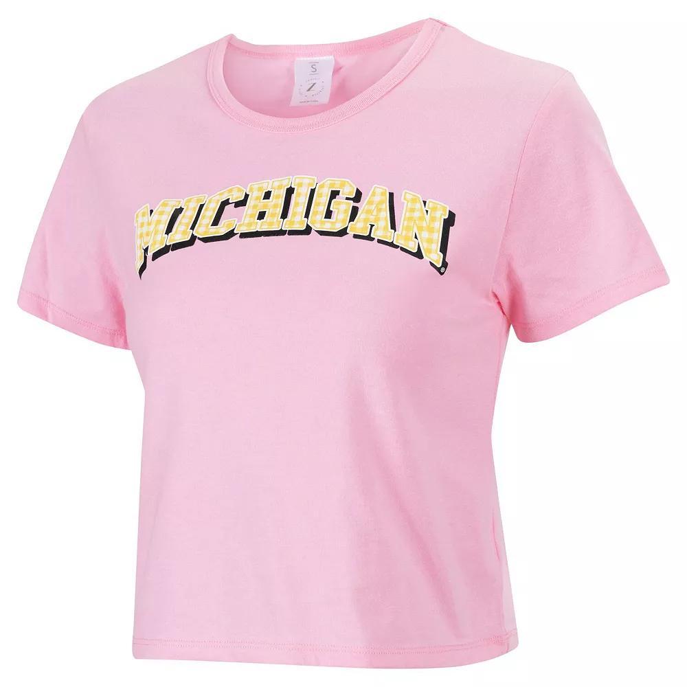 Women's ZooZatz Pink Michigan Wolverines Gingham Logo Cropped T-Shirt, Size: XL Product Image