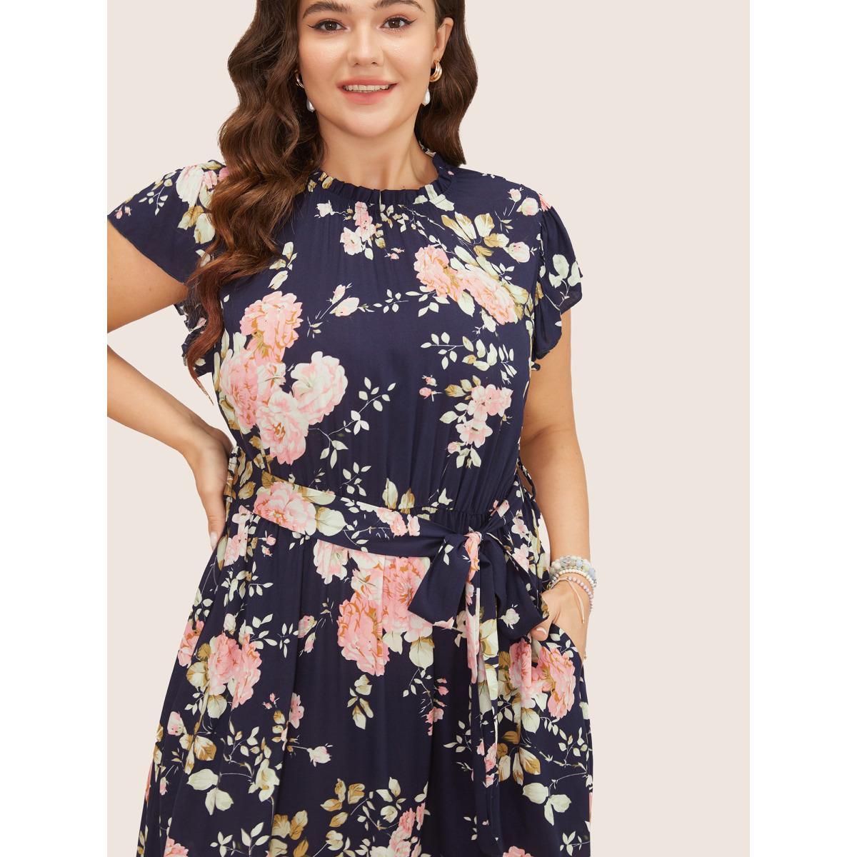 Plus Size Floral Frill Trim Mock Neck Pocket Ruffle Belted Cap Sleeve Dress DarkBlue Women Elegant Non Round Neck Short sleeve Curvy Midi Dress BloomChic 10/M Product Image