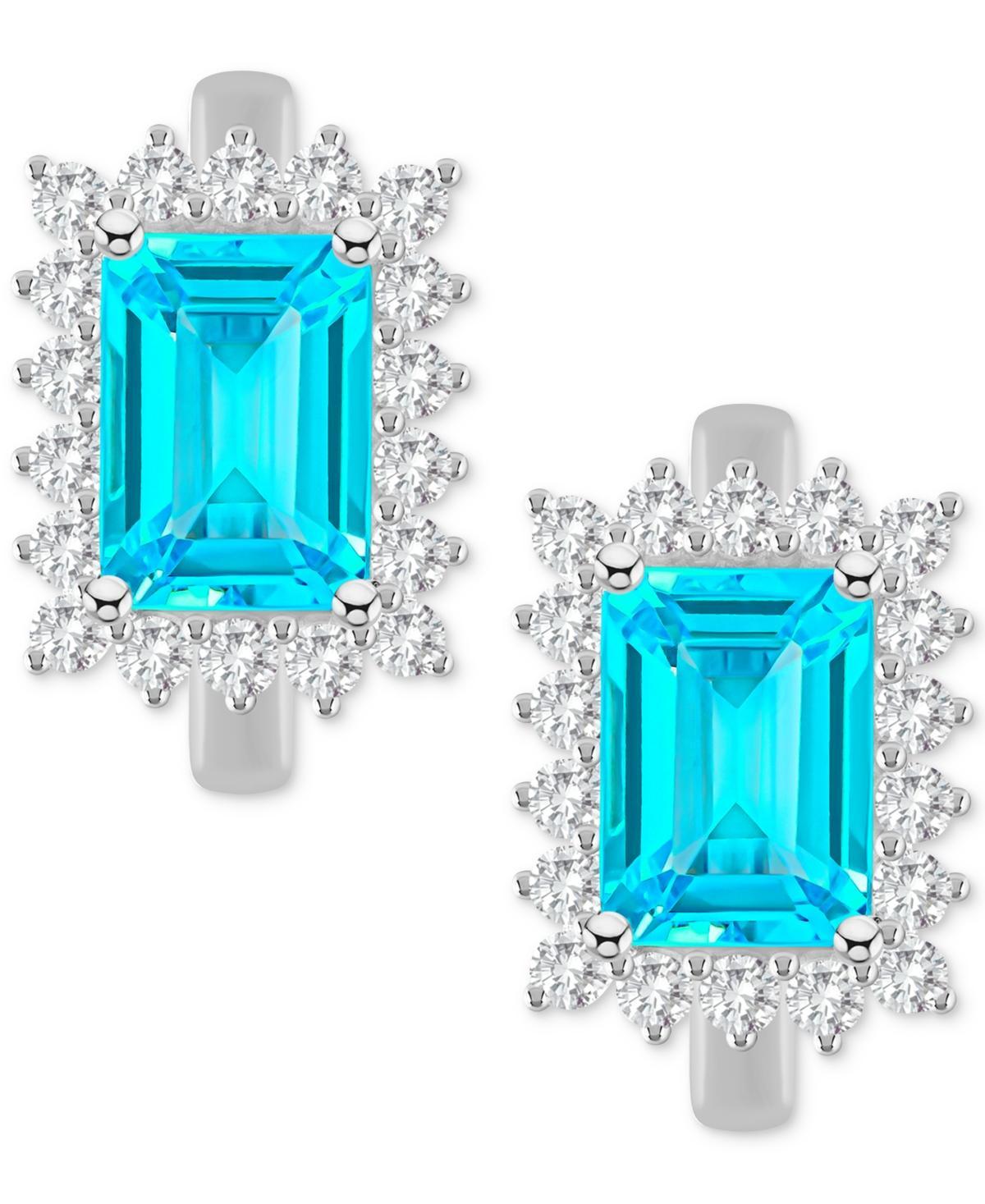 Celebration Gems Sterling Silver Emerald Cut Gemstone & White Topaz Halo Huggie Hoop Earrings, Women's, Blue Topaz Product Image