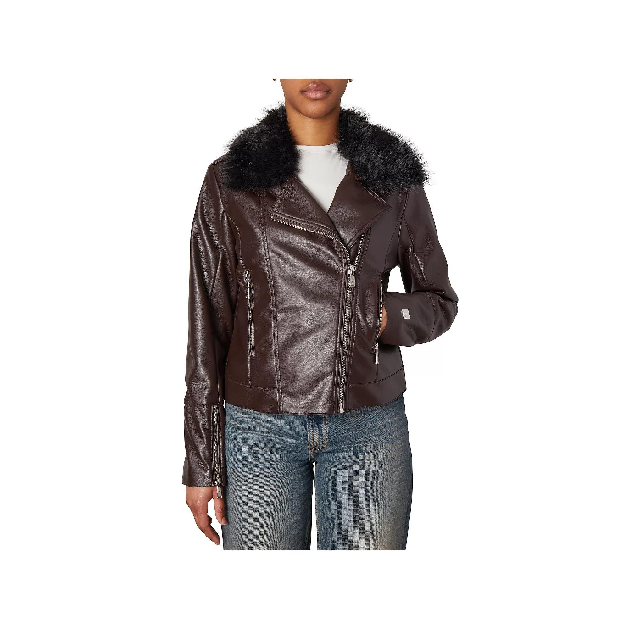 Women's Nicole Miller Faux Leather Moto Jacket With Detachable Faux Fur Trim, Size: Medium, Dark Brown Product Image