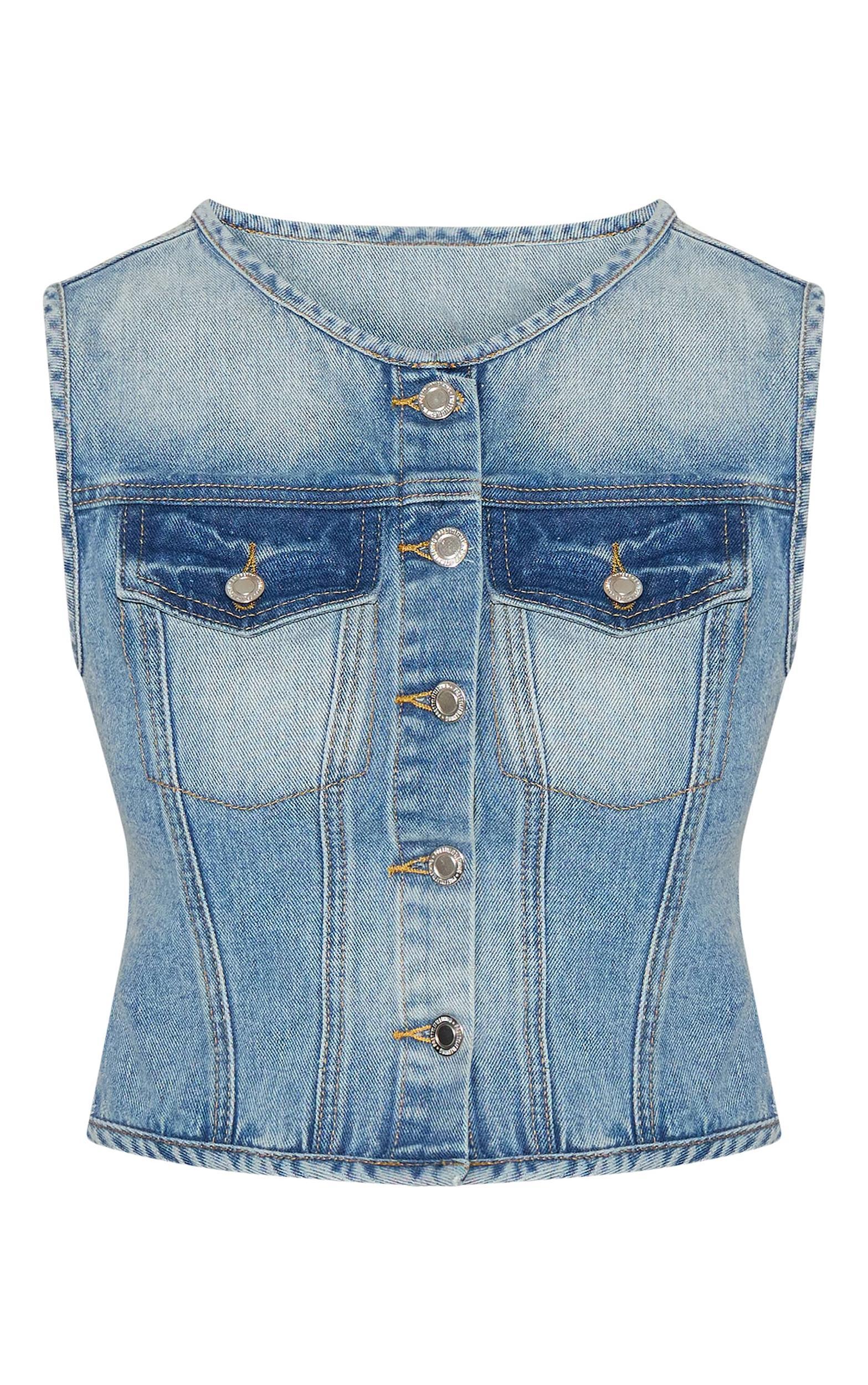  Mid Blue Wash Round Neck Sleeveless Denim Crop Top Product Image