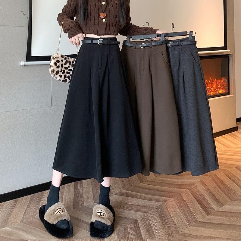 High Waist Plain Midi A-Line Skirt Product Image