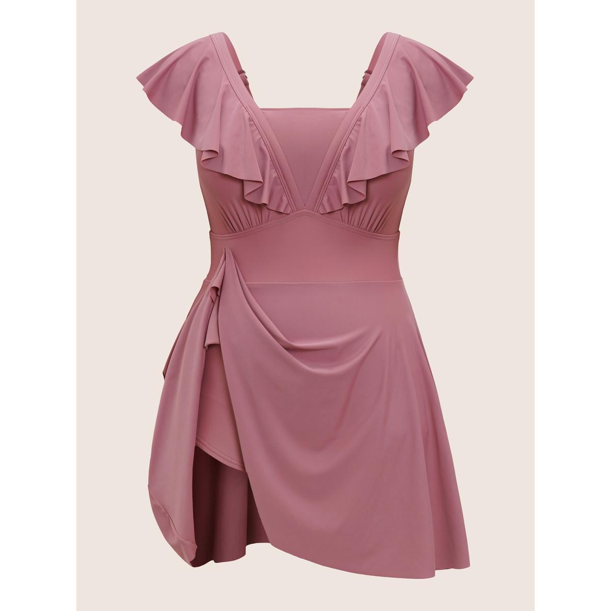 Plus Size Solid Flutter Trim A Line Swim Dress Women's Swimwear DustyPink Beach Bodycon Square Neck High stretch Curve Swim Dresses BloomChic 14-16/1X Product Image