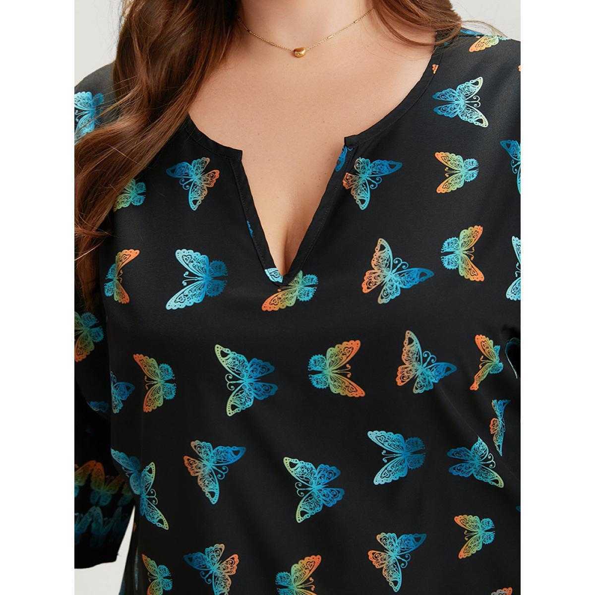 Plus Size BlackFlower Butterfly Notched Bell Sleeve Gathered Blouse Women Vacation Elbow-length sleeve Notched collar Dailywear Blouses BloomChic 12/L Product Image