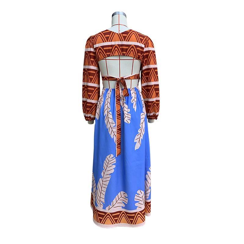 Elbow-Sleeve V-Neck Print Maxi A-Line Dress Product Image