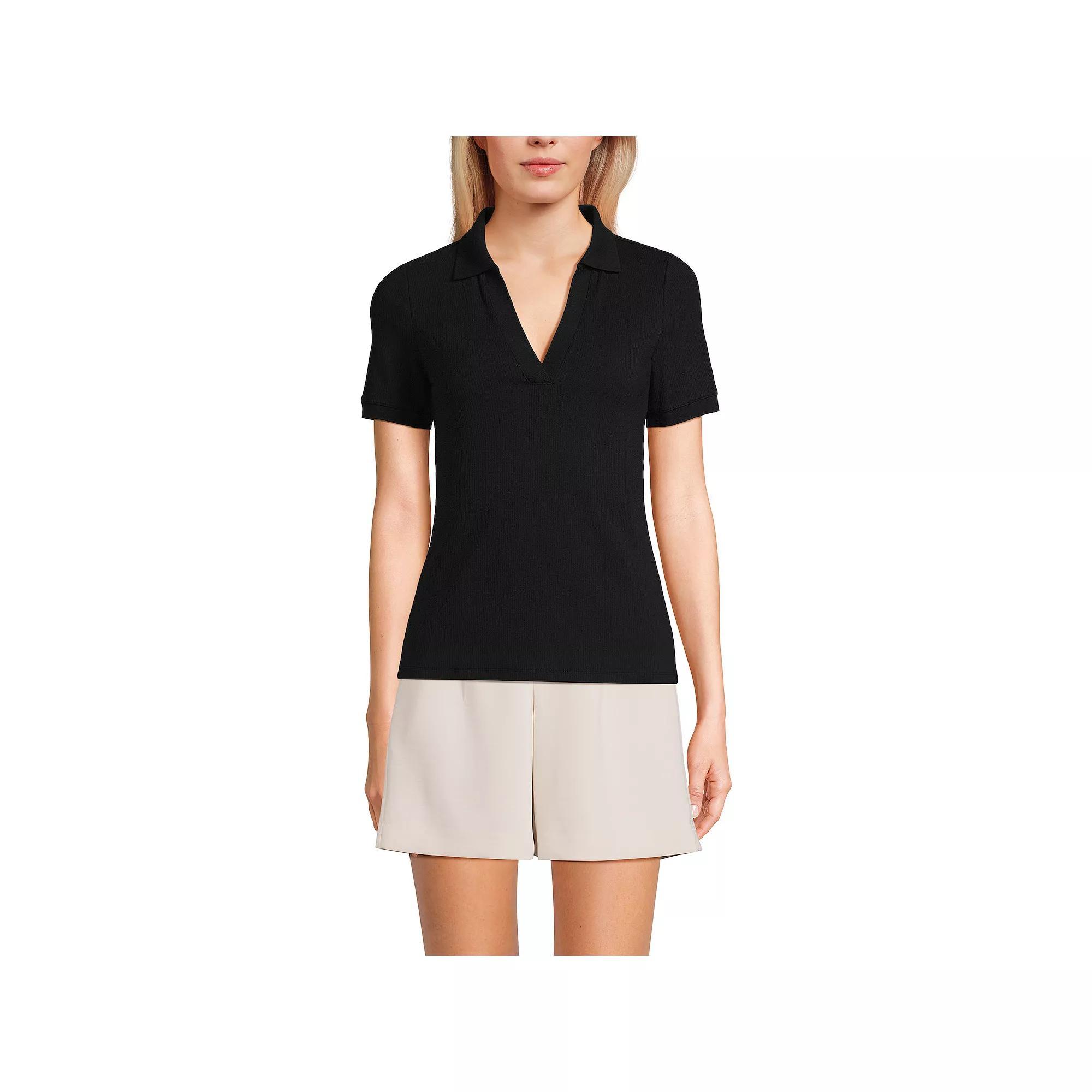 Women's Lands' End V-Neck Short Sleeve Polo, Size: Large, Ivory Dual Stripe Product Image