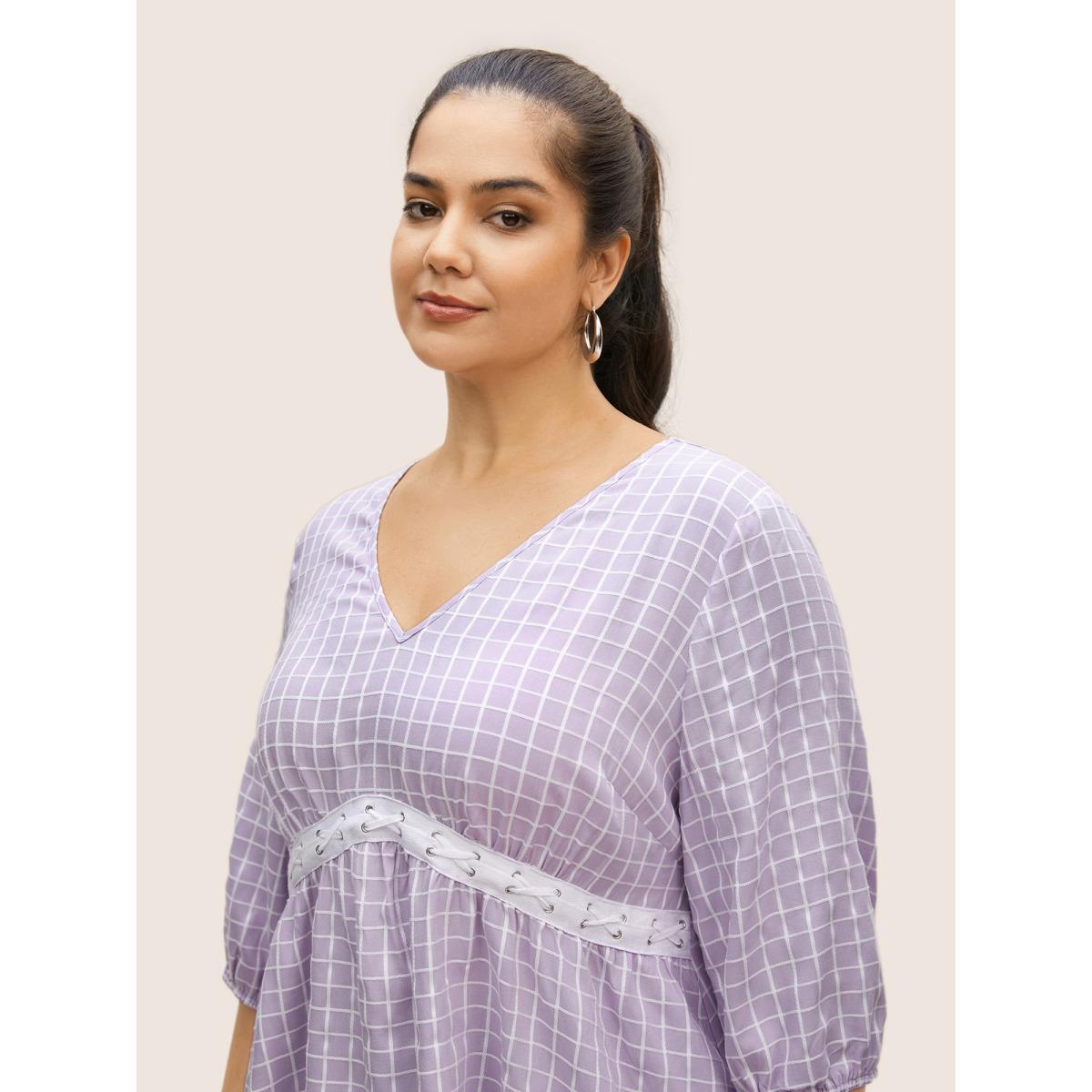 Plus Size Lavender Gingham Patchwork Lantern Sleeve Blouse Women Casual Elbow-length sleeve V-neck Everyday Blouses BloomChic 18-20/2X Product Image