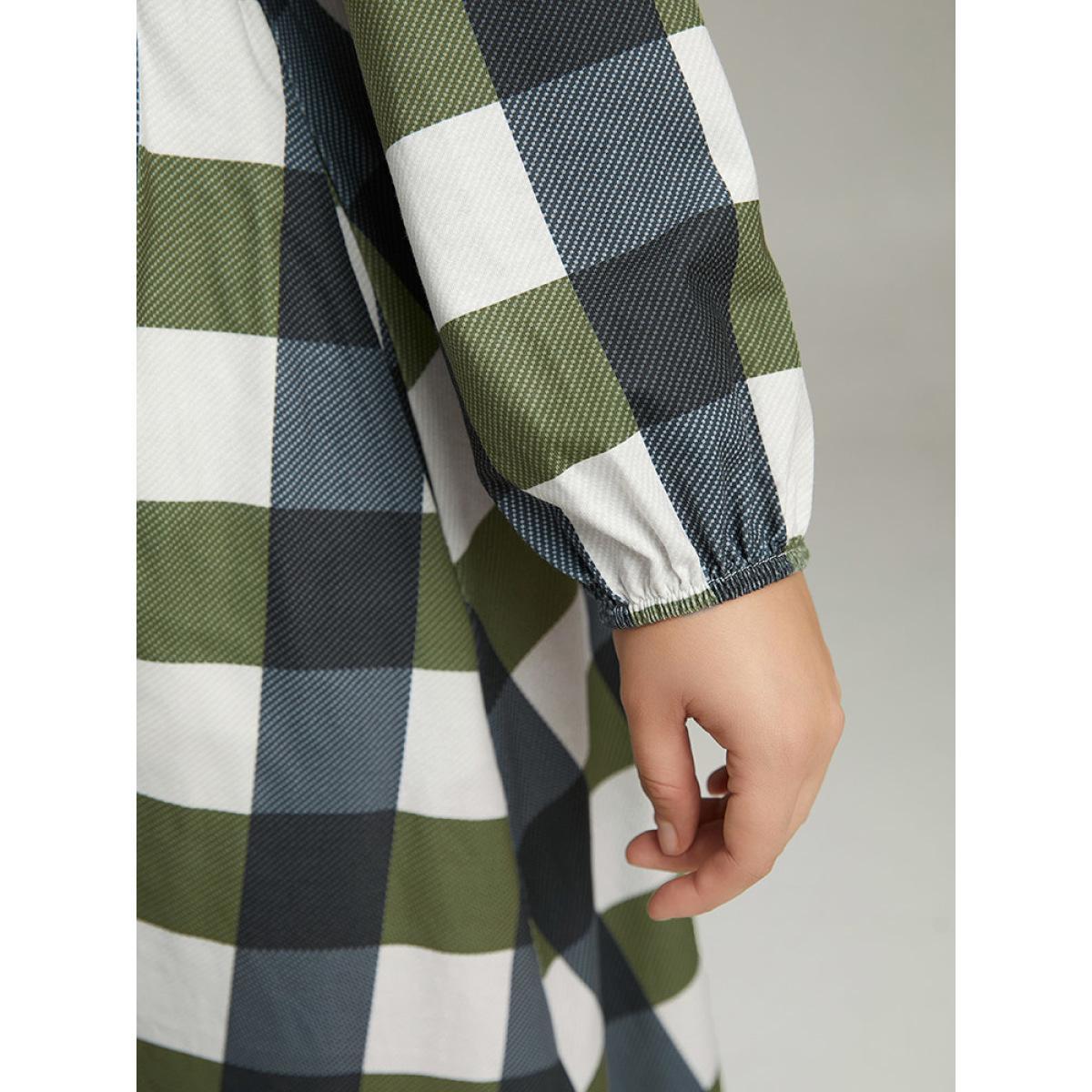 Plus Size Plaid Lantern Sleeve Ruffle Hem Dress DimGray Women Casual Elastic cuffs Scoop Neck Long Sleeve Curvy Midi Dress BloomChic 14-16/1X Product Image