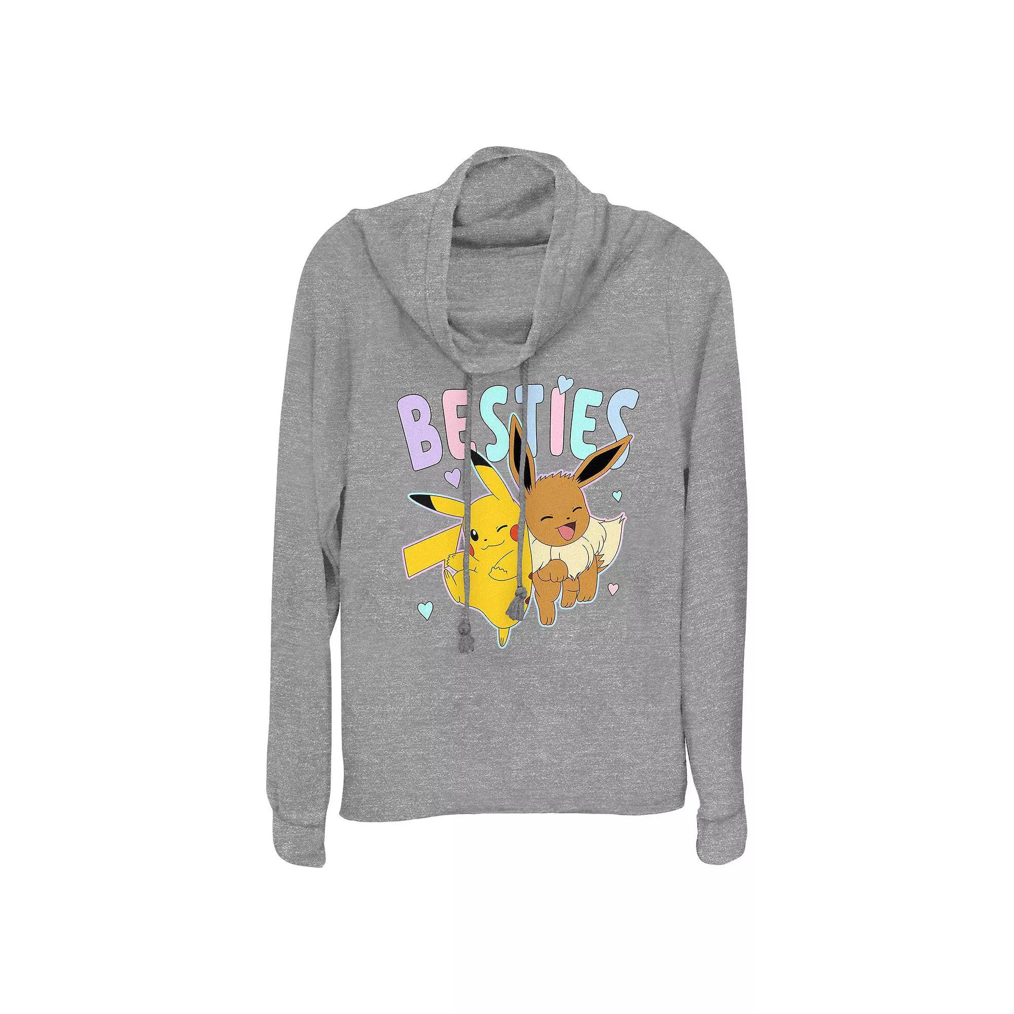 Womens Pokemon Pokemon And Eevee Besties Cowlneck Graphic Lightweight Long Sleeve Gray Grey Product Image
