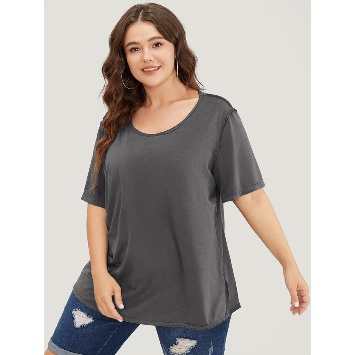 Plus Size Plain Patched Detail Drop Shoulder T-shirt Gray Women Casual Plain Round Neck Dailywear T-shirts BloomChic 10/M Product Image
