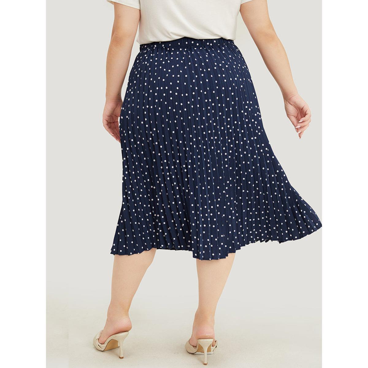 Plus Size Polka Dot Pocket Pleated Skirt Women Indigo Elegant Pleated Loose No stretch Pocket Dailywear Skirts BloomChic 18-20/2X Product Image