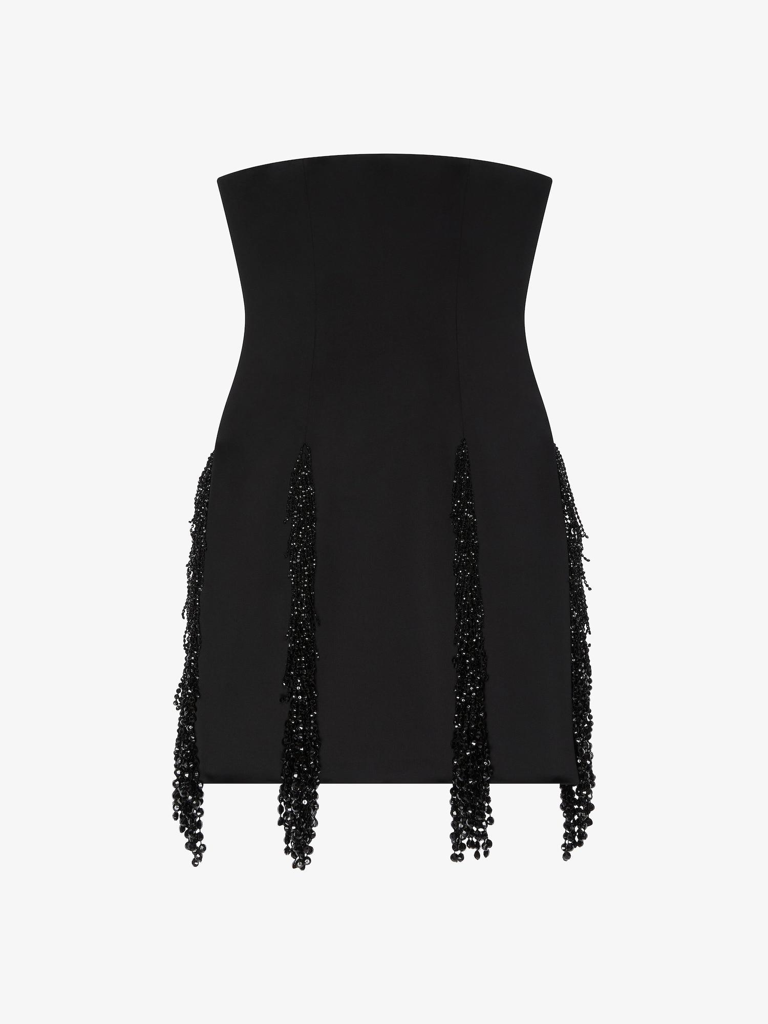 Strapless dress in crepe satin with crystal fringes Product Image
