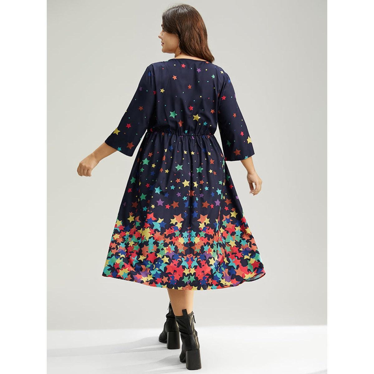 Plus Size Star Print Keyhole Pocket Elastic Waist Dress Indigo Women Elegant Printed Keyhole Cut-Out Elbow-length sleeve Curvy Midi Dress BloomChic 22-24/3X Product Image