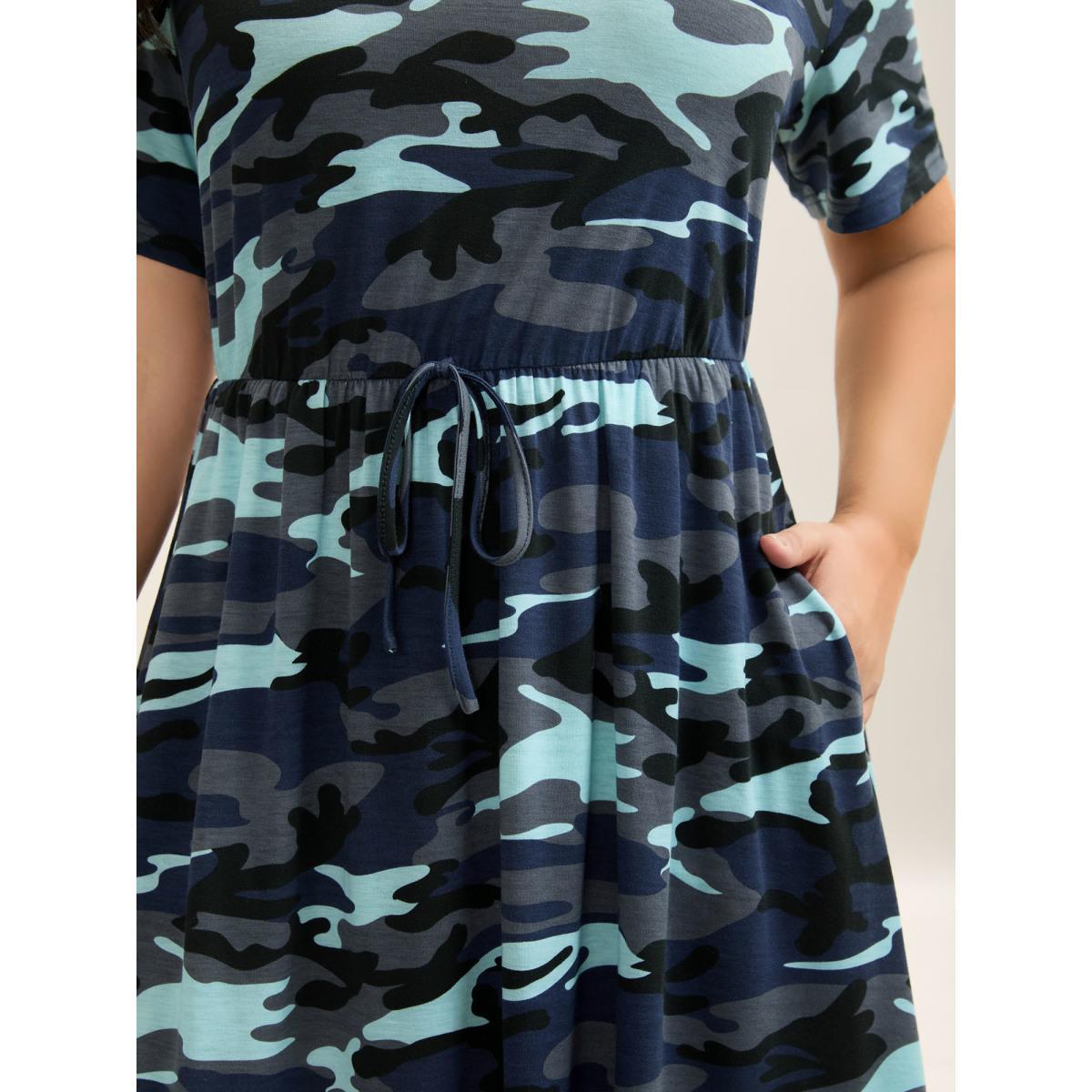 Plus Size Camouflage Print Round Neck Pockets Midi Dress Navy Women Casual Tie knot Knit Dresses Bloomchic 26/4X Product Image