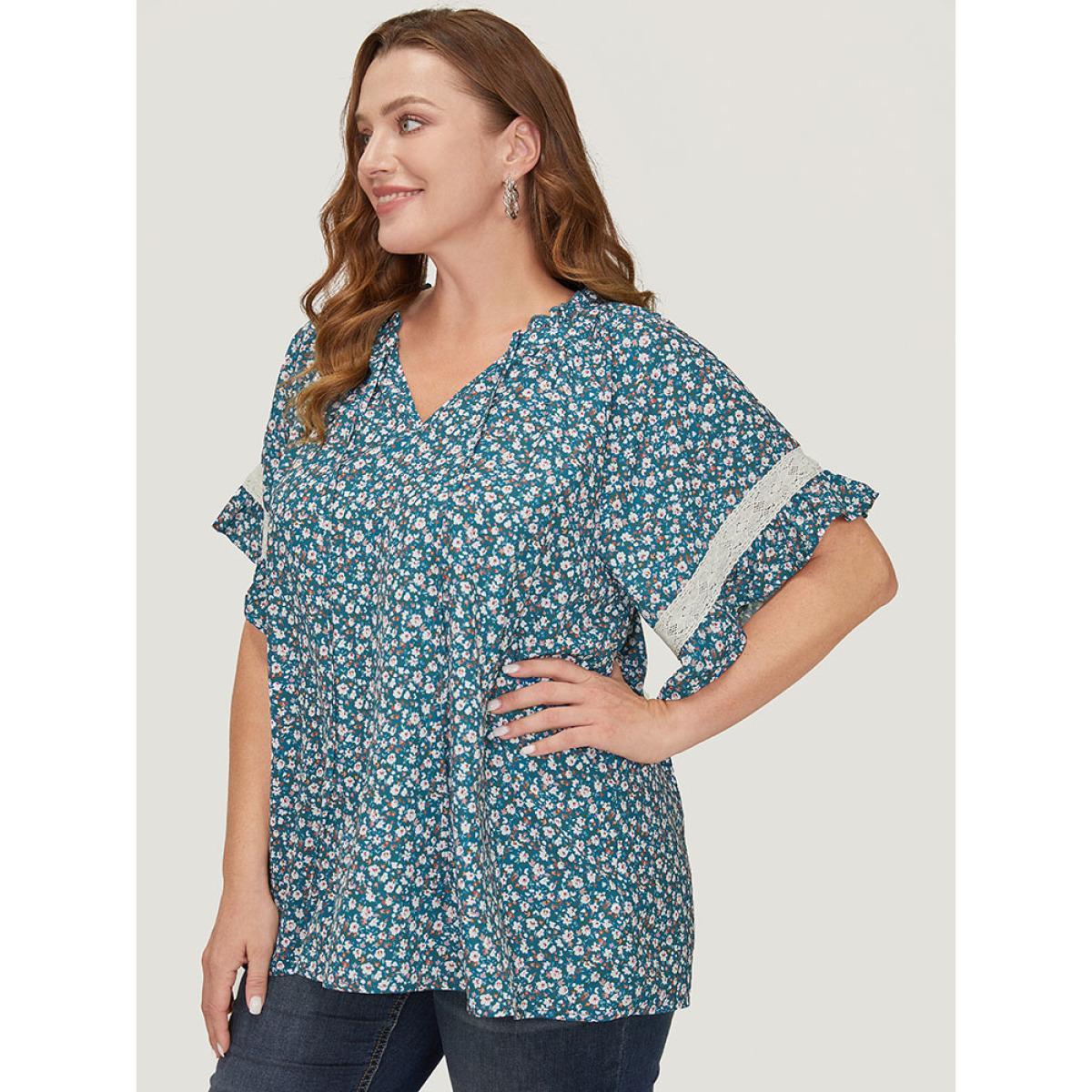 Plus Size Aegean Ditsy Floral Frill Trim Lace Ruffle Sleeve Tie Neck Blouse Women Elegant Short sleeve Tie Neck Dailywear Blouses BloomChic 14-16/1X Product Image