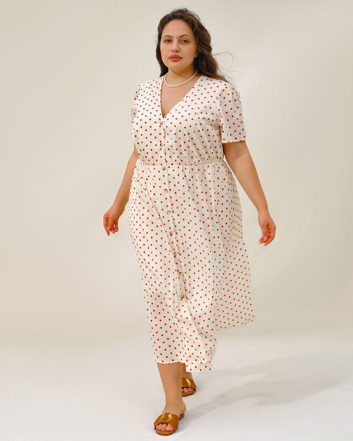 Beige Polka Dot Plus Size Midi Dress Product Image