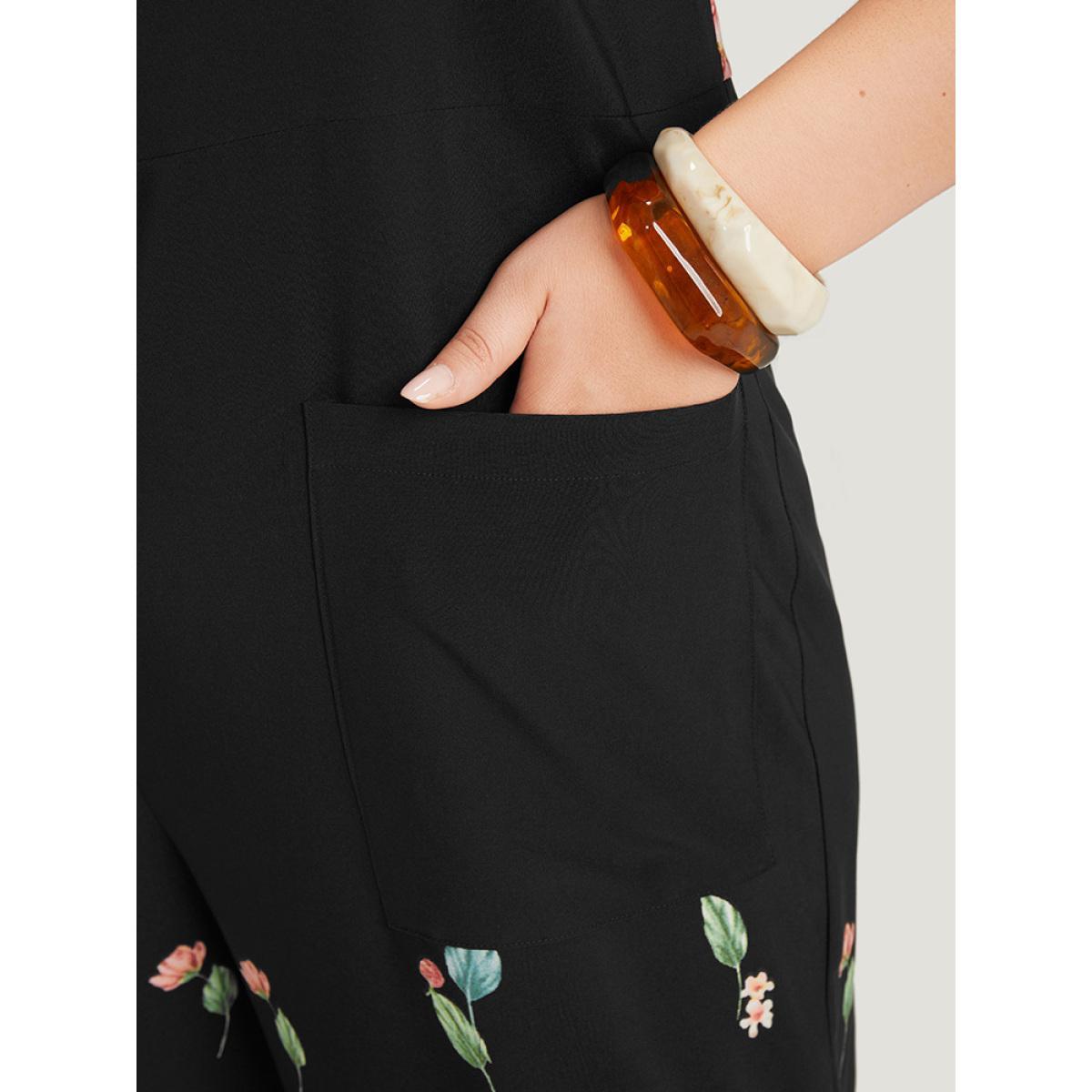 Plus Size Black Floral Square Neck Zip Back Pocket Jumpsuit Women Elegant Sleeveless Square Neck Dailywear Loose Jumpsuits BloomChic 30/6X Product Image