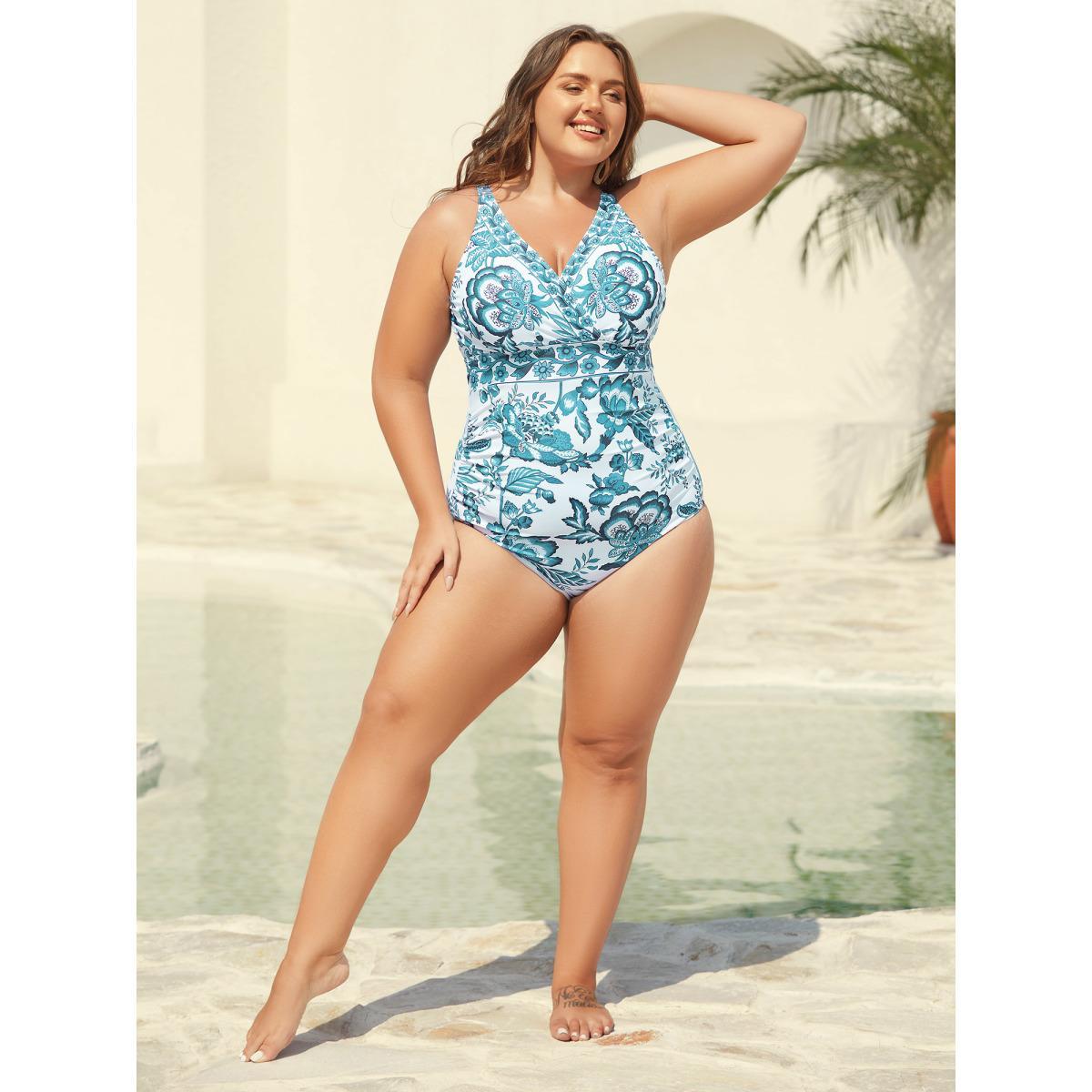 Plus Size Two-Piece Floral Print Ruched Mesh Swimsuit, Sarong Women's Swimwear Teal Beach Gathered Curve Bathing Suits High stretch One Pieces BloomChic 30/6X Product Image
