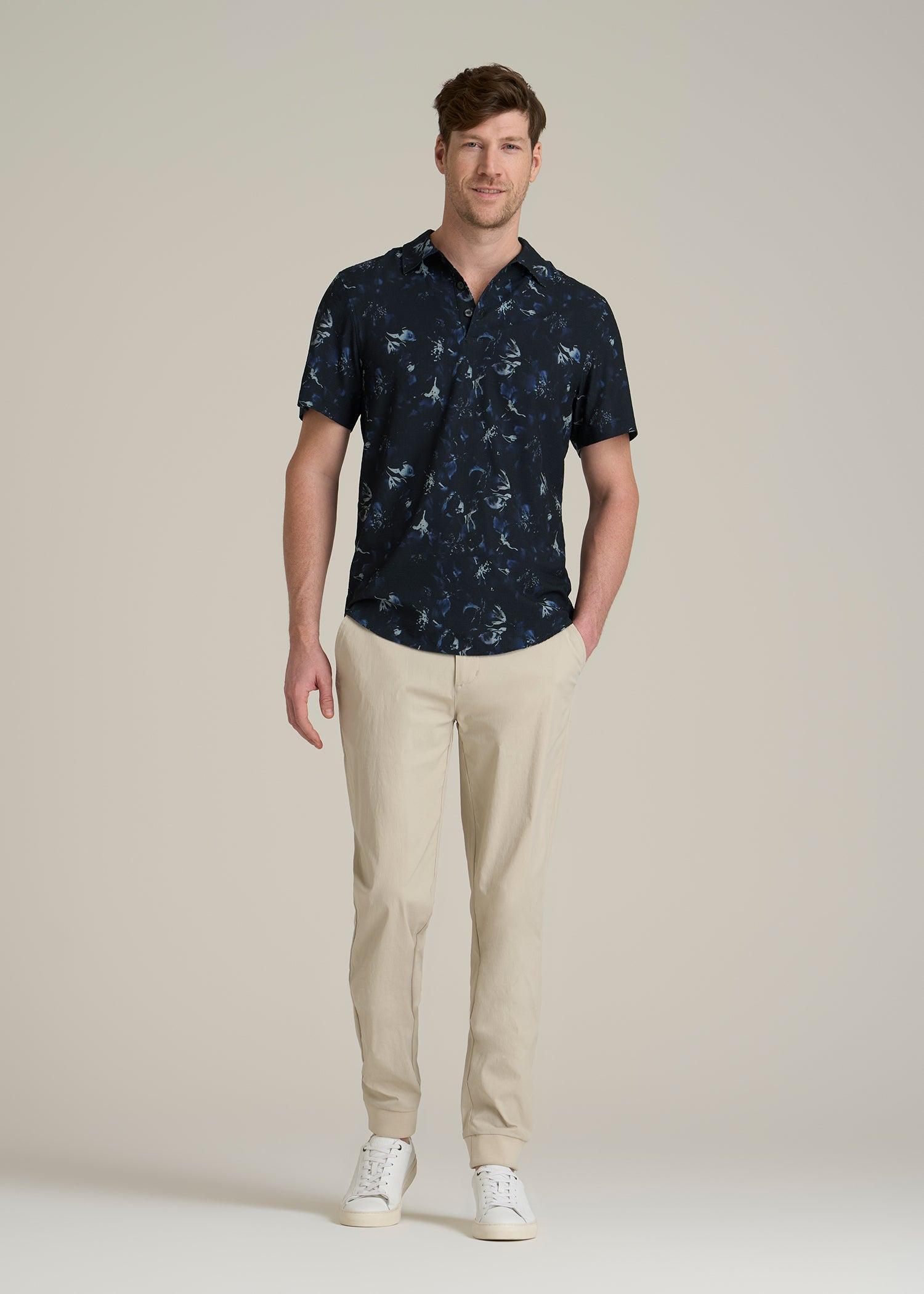 Coastal Perforated Tall Men's Polo Shirt in Black and Violet Floral Product Image