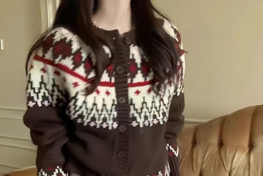 Round Neck Patterned Cropped Cardigan Product Image