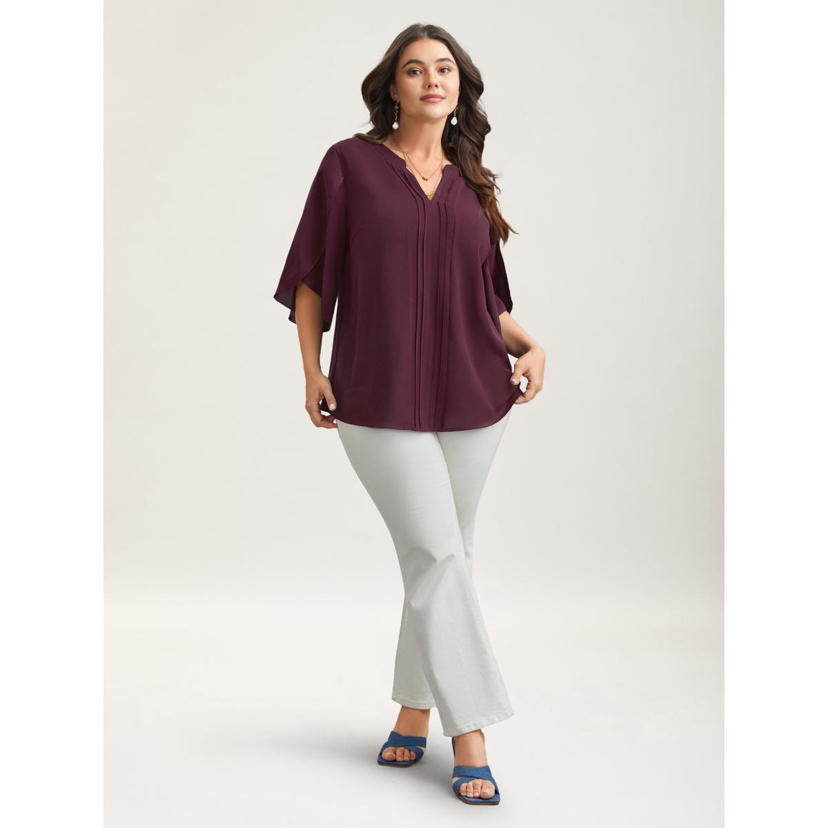 Plus Size Browncoffeecolor Petal Sleeve Toothpick Pleats Shirt Women At the Office Elbow-length sleeve Notched collar Work Blouses BloomChic 18-20/2X Product Image