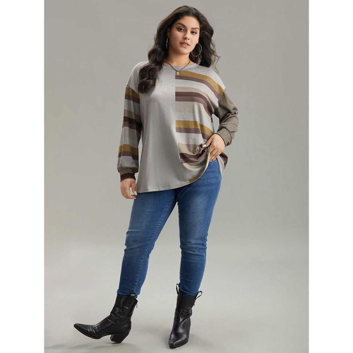 Plus Size Striped Patchwork Contrast Crew Neck Sweatshirt Women DimGray Casual Elastic cuffs Round Neck Dailywear Sweatshirts BloomChic 22-24/3X Product Image