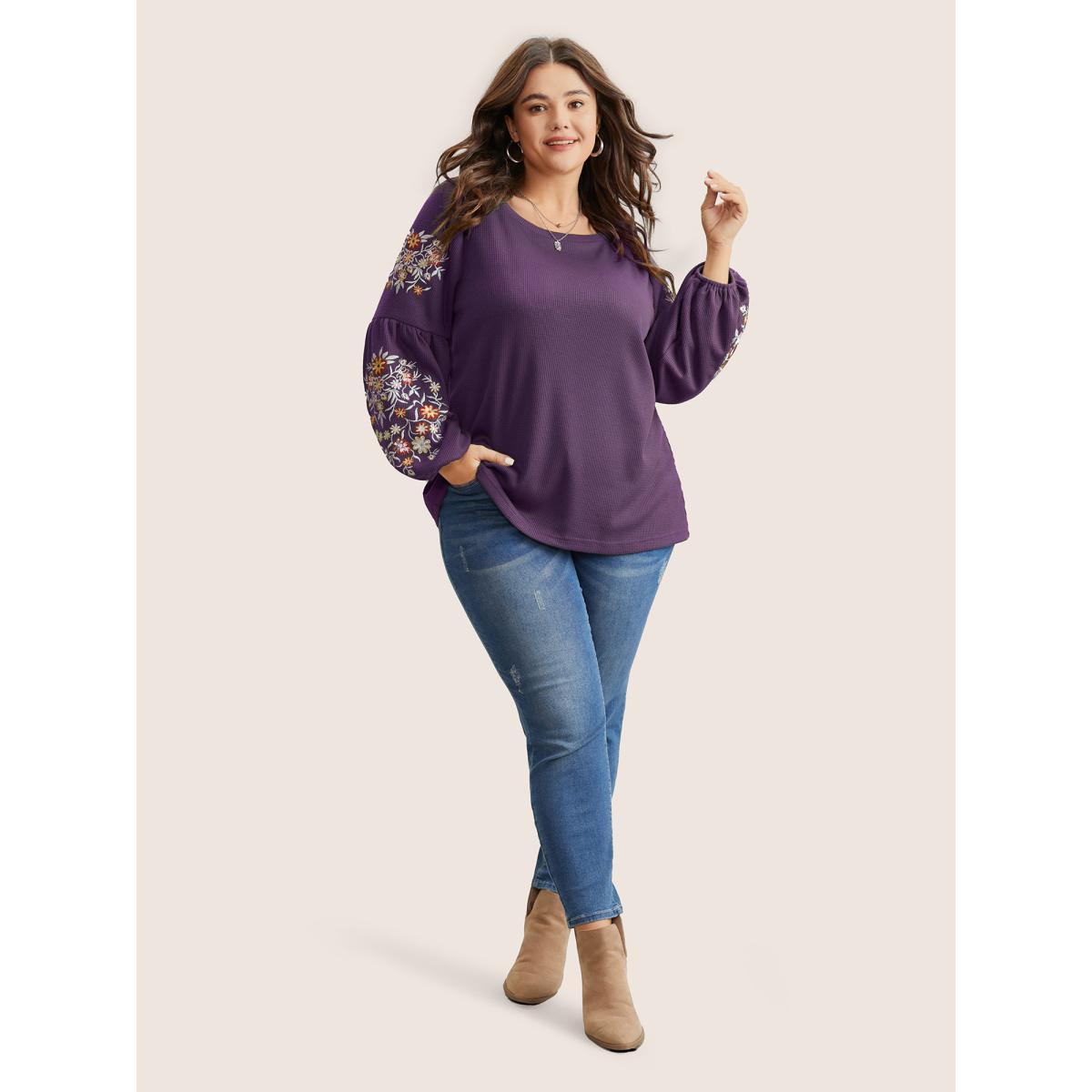 Plus Size Waffle Knit Floral Embroidered Lantern Sleeve T-shirt Mauve Women Elegant Texture Floral Round Neck Everyday T-shirts BloomChic 26/4X Product Image