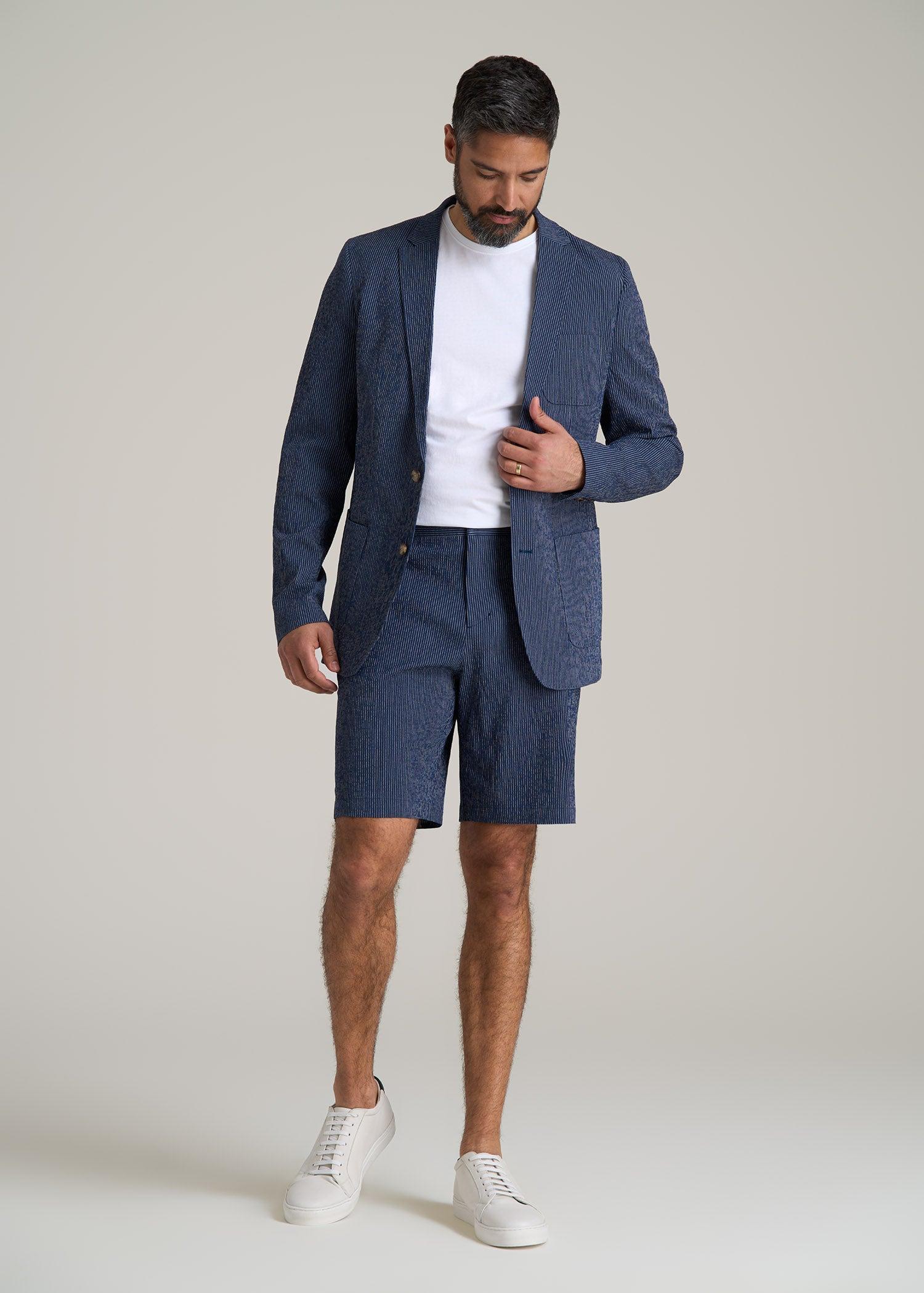 Stretch Seersucker Blazer for Tall Men in Navy and Off White Stripe Product Image