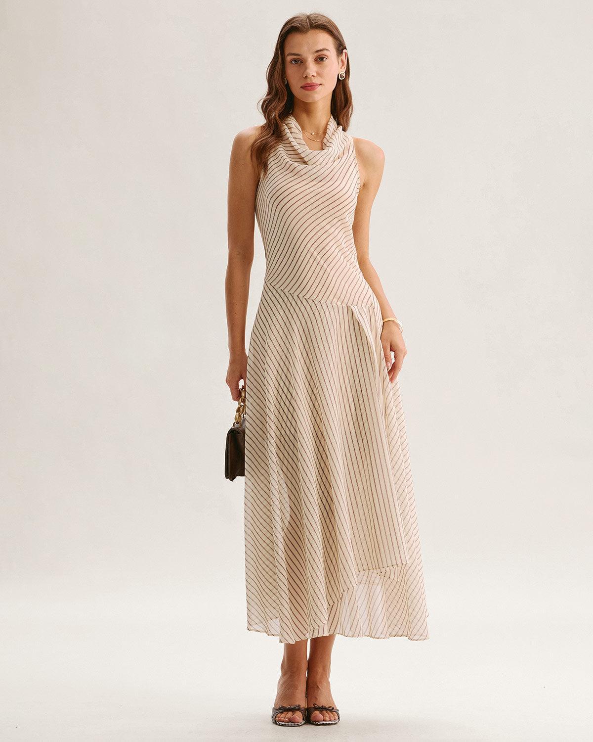 Beige Striped Cowl Neck Sleeveless Midi Dress Product Image