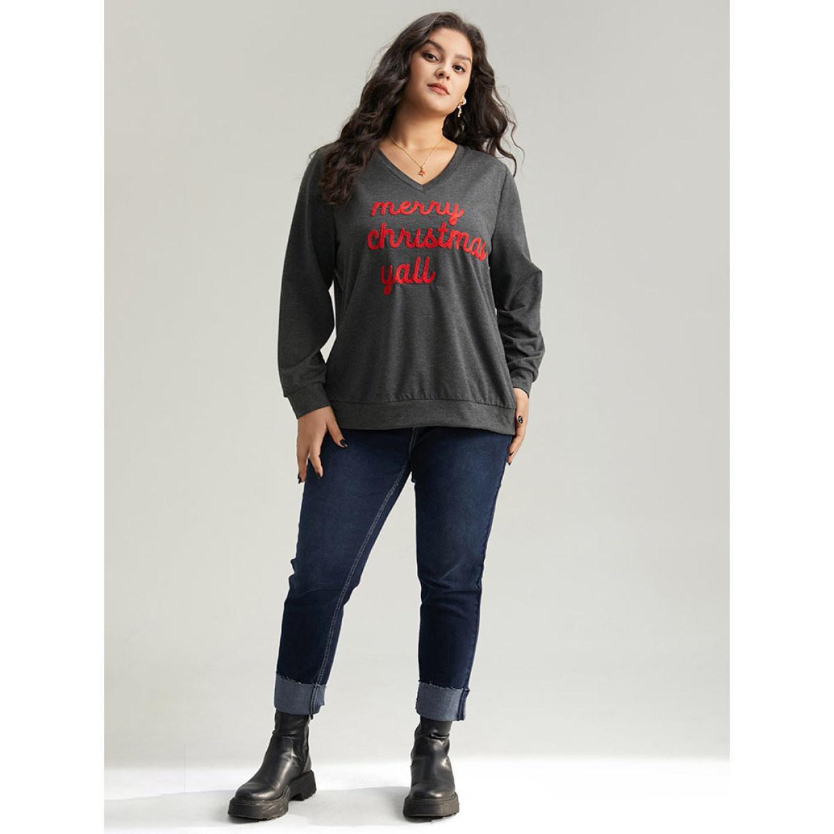 Plus Size Christmas Letter V Neck Sweatshirt Women DimGray Casual Contrast Festival-Christmas Sweatshirts BloomChic 10/M Product Image
