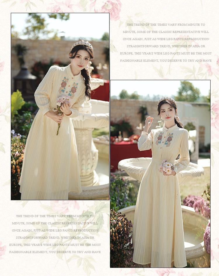 Long-Sleeve Stand Collar Embroidered Maxi A-Line Dress Product Image