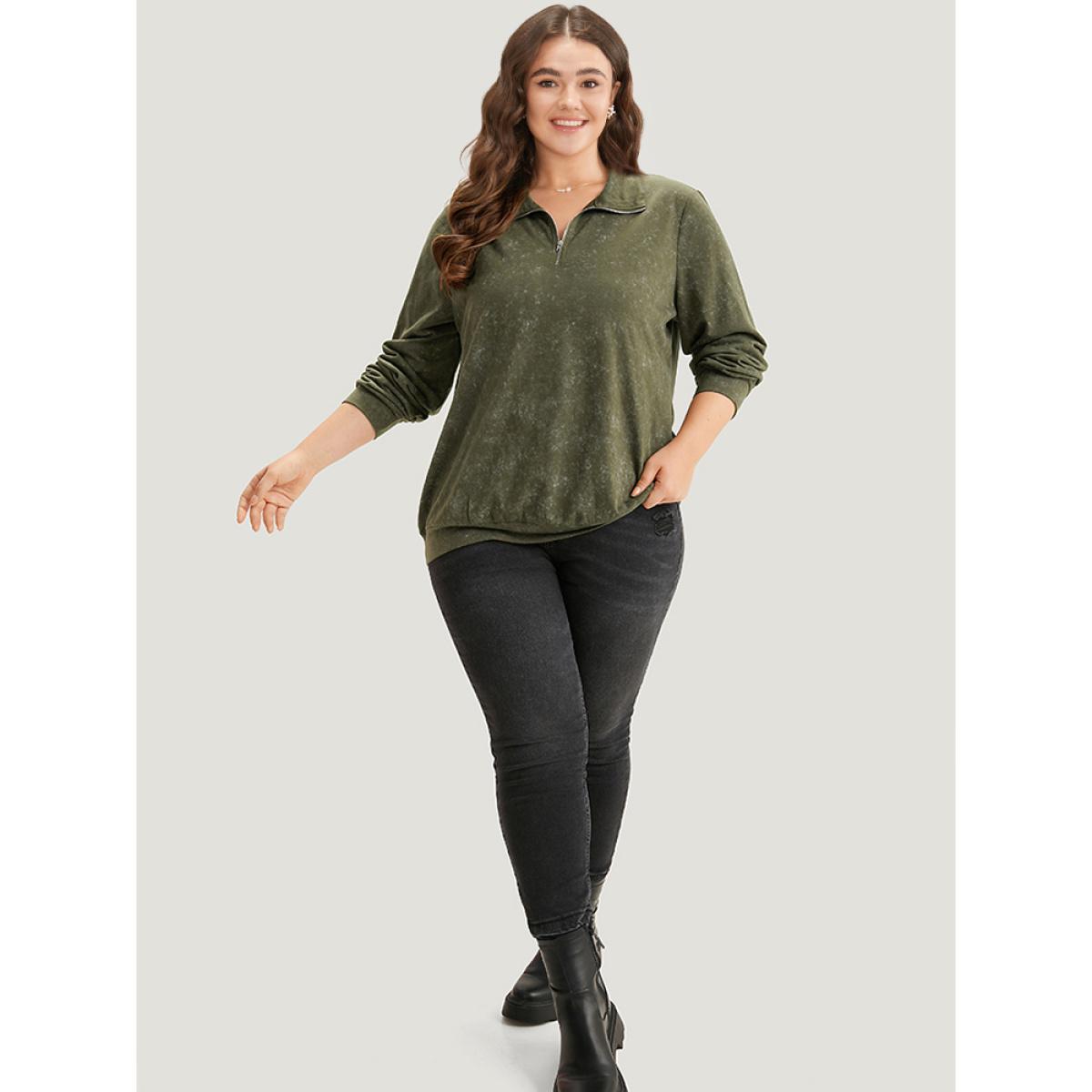 Plus Size Lapel Collar Zipper Elastic Hem Sweatshirt Women ArmyGreen Casual Elastic cuffs Lapel Collar Dailywear Sweatshirts BloomChic 12/L Product Image