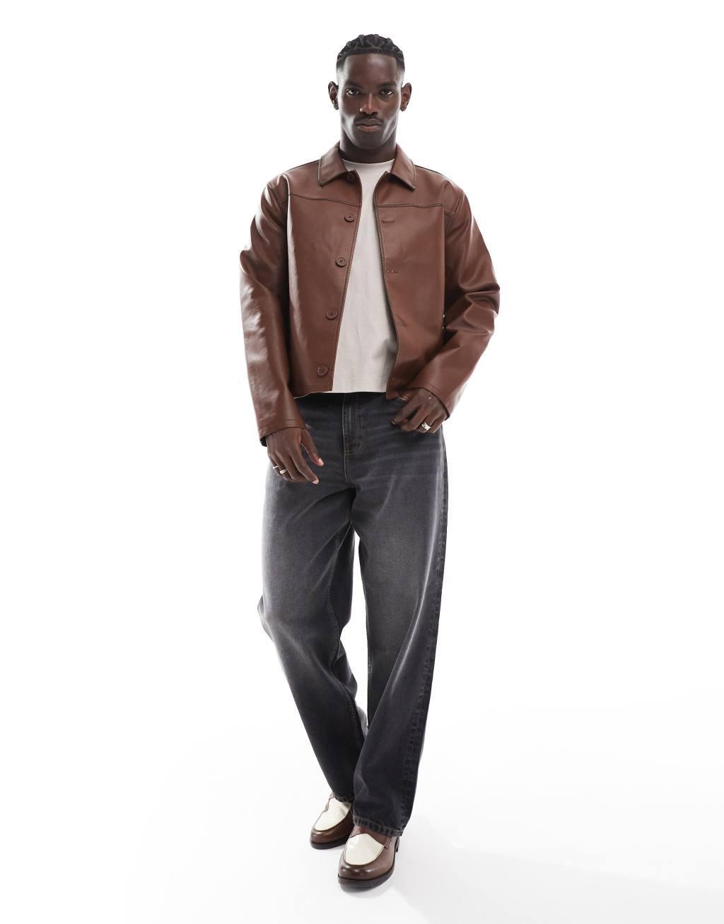 ASOS DESIGN faux leather harrington jacket in brown Product Image