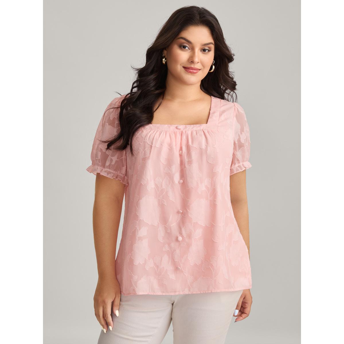Plus Size MistyRose Floral Textured Button Detail Blouse Women Elbow-length sleeve Square Neck Everyday-Elegant Blouses BloomChic 28/5X Product Image