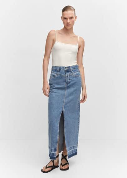 Mango raw hem detail denim maxi skirt Product Image