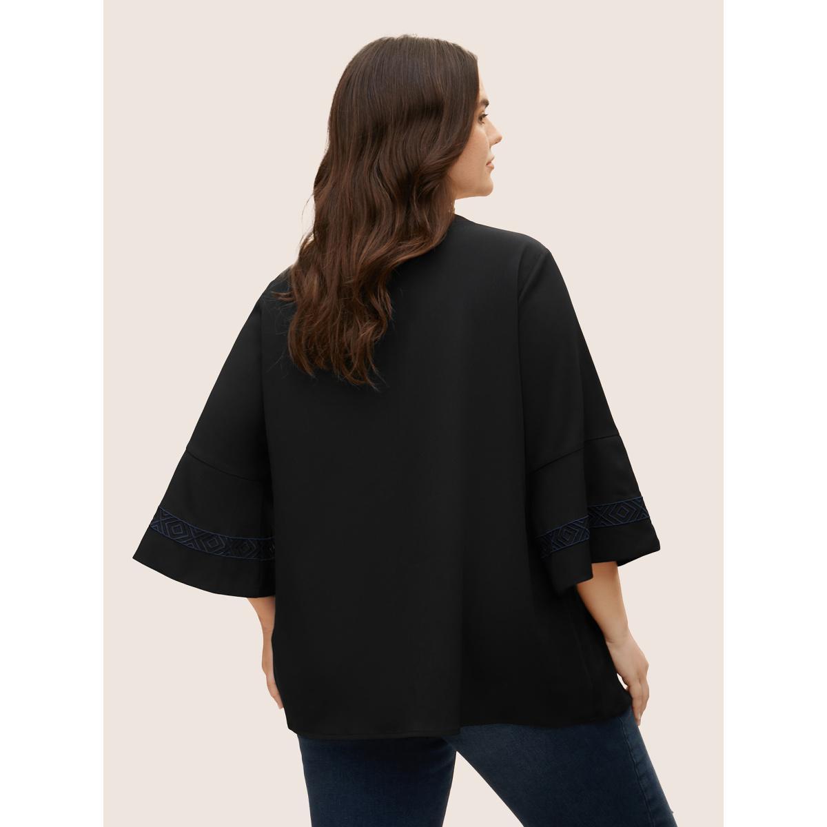 Plus Size Black Boho Print Embroidered Gathered Notched Blouse Women Resort Half Sleeve Flat collar with V-notch Vacation Blouses BloomChic 22-24/3X Product Image