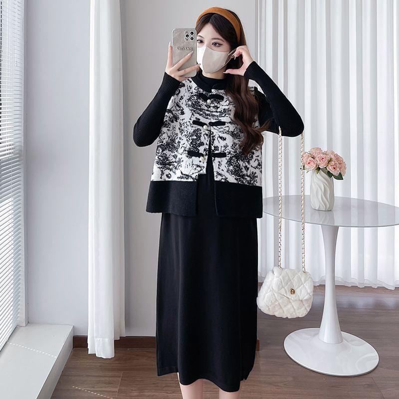 Maternity Long-Sleeve Mock Neck Plain Midi A-Line Knit Dress / Floral Frog Button Sweater Vest Product Image