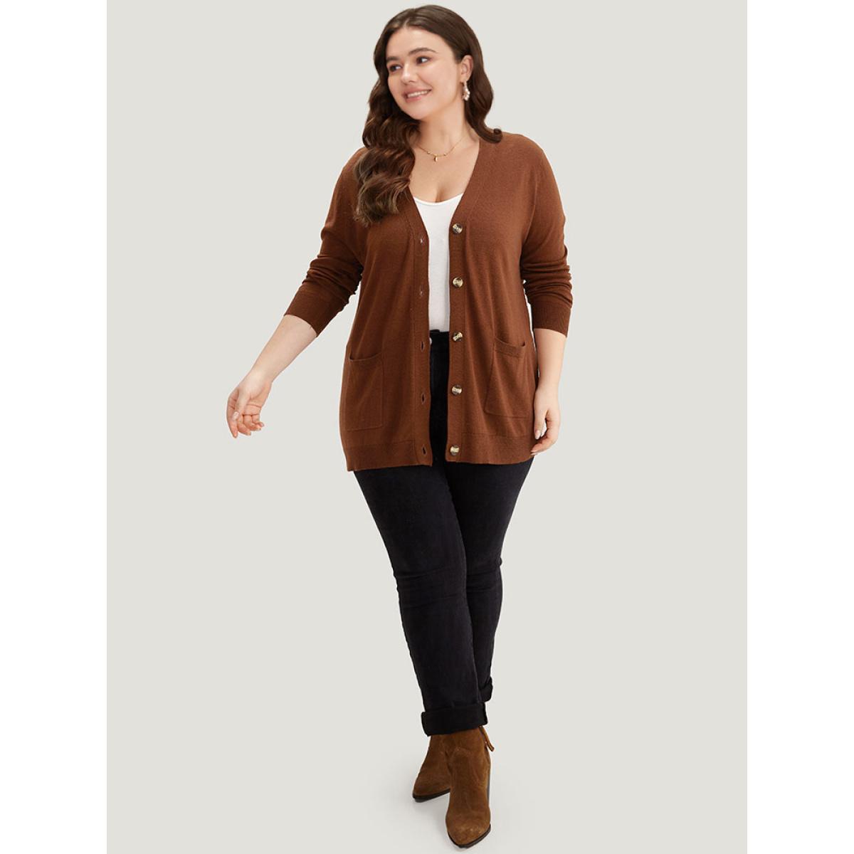Plus Size Supersoft Essentials Button Up Patched Pocket Cardigan Maroon Women Casual Loose Long Sleeve Everyday Cardigans BloomChic 26/4X Product Image