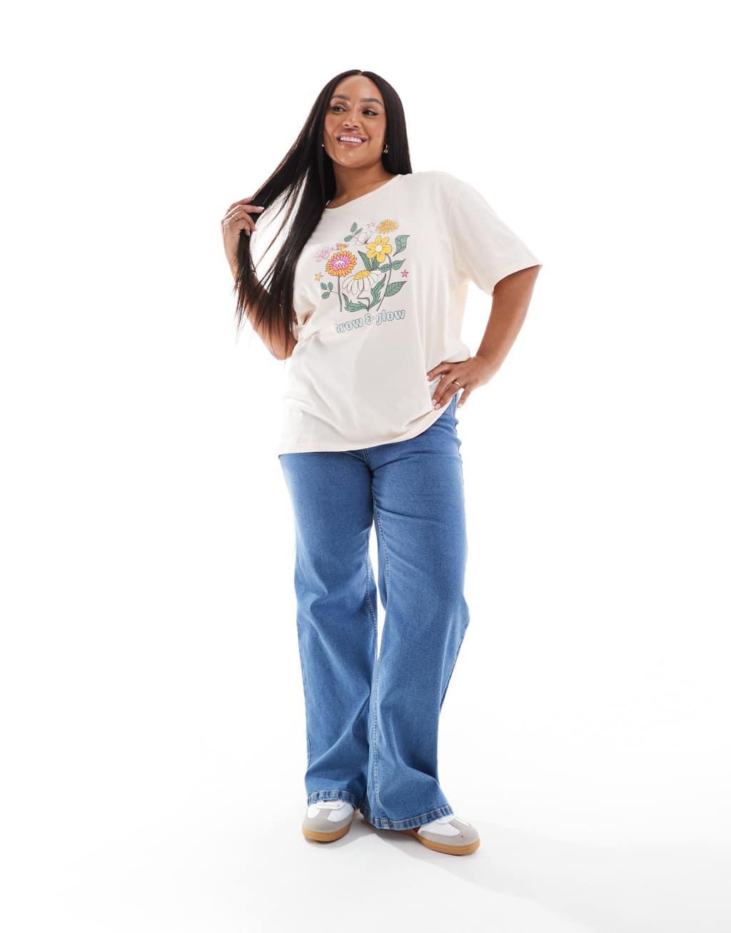ONLY Curve Grow & Glow print oversized T-shirt in light pink Product Image