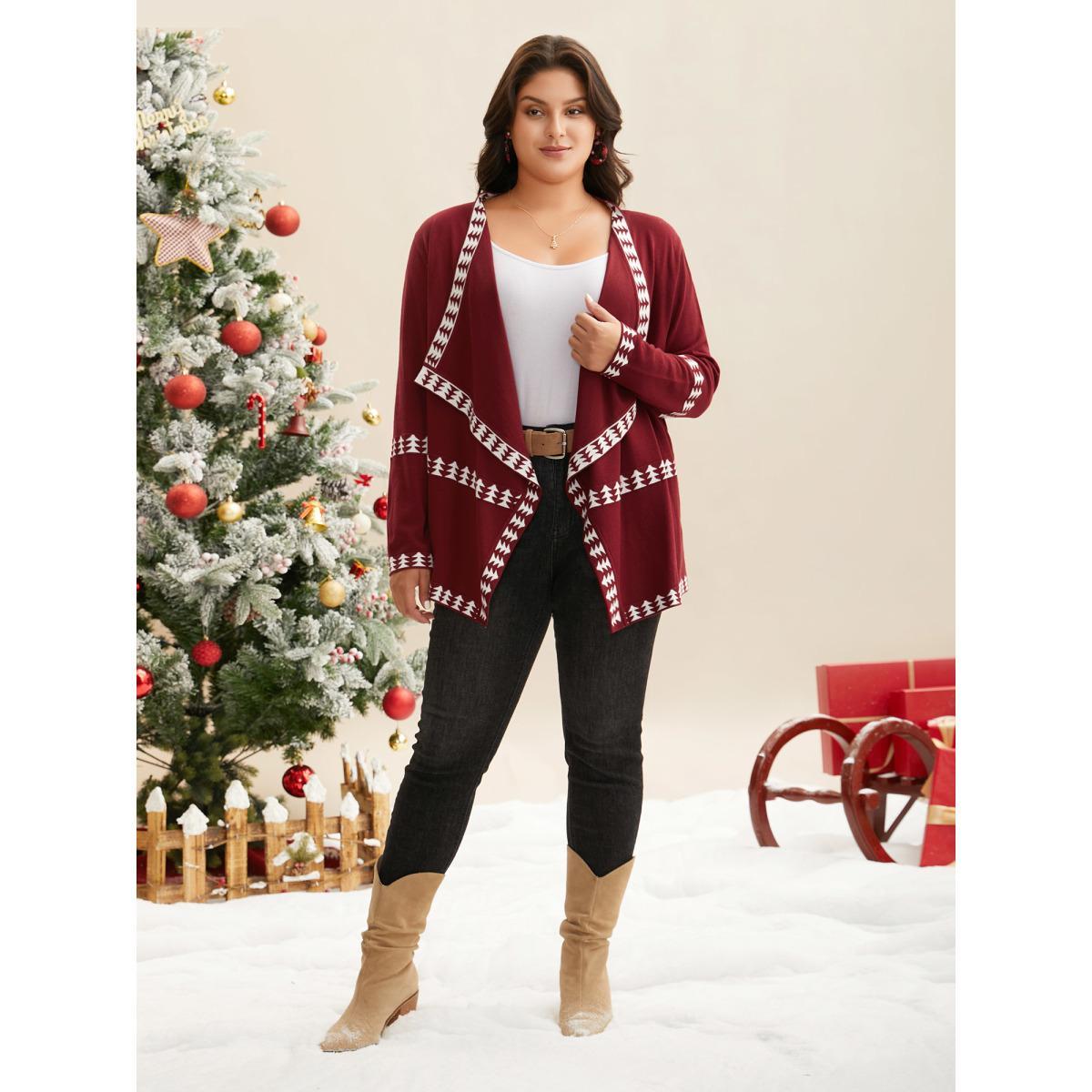 Plus Size Holiday Pattern Hem Lapel Collar Knit Cardigan Burgundy Women Casual Loose Long Sleeve Everyday Cardigans BloomChic 22-24/3X Product Image