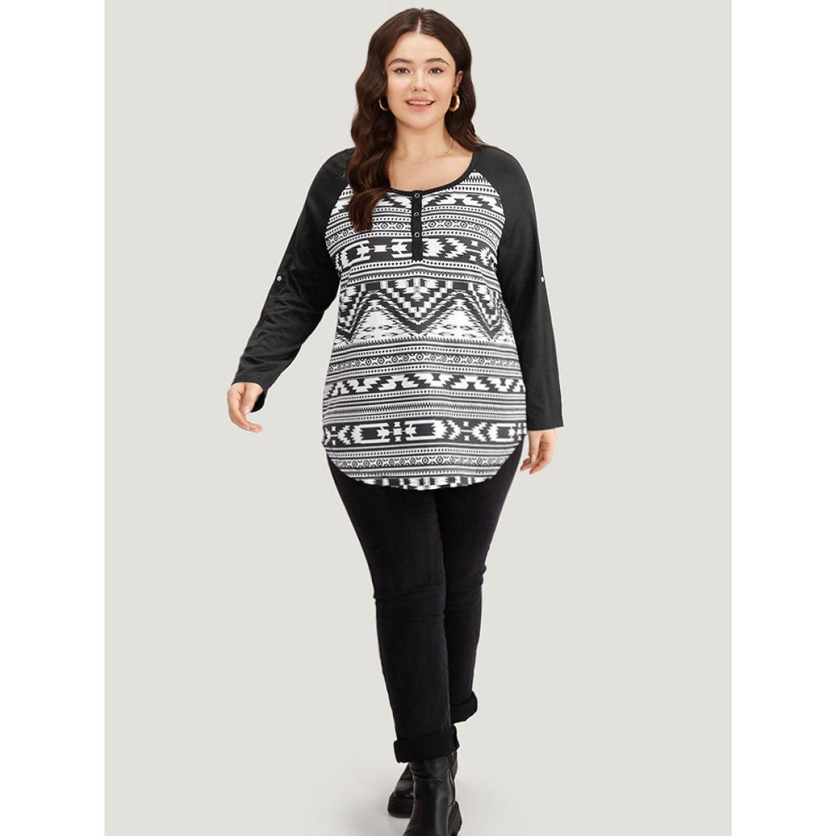 Plus Size Geometric Patchwork Button Down T-shirt Black Women Casual Contrast Geometric Open Front Dailywear T-shirts BloomChic 30/6X Product Image