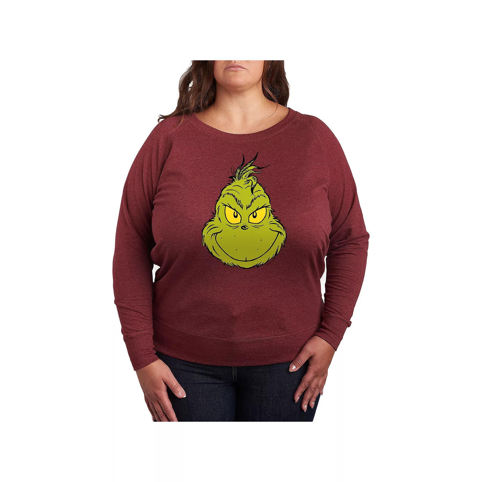 Plus Size Dr. Seuss The Grinch Face French Terry Long Sleeve Tee, Womens Grey Green Product Image