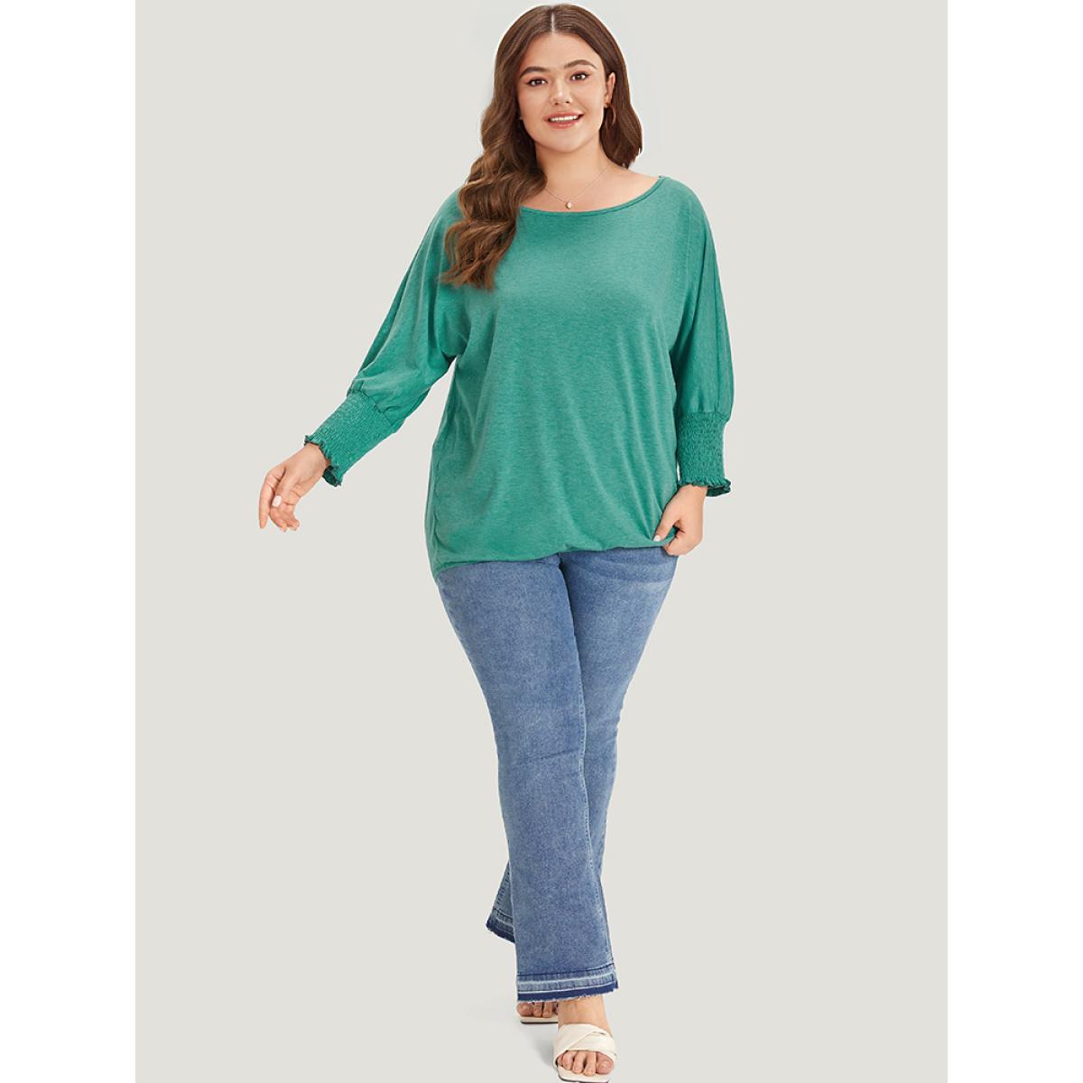 Plus Size Solid Heather Shirred Batwing Sleeve T-shirt Emerald Women Elegant Shirred Plain Round Neck Dailywear T-shirts BloomChic 28/5X Product Image